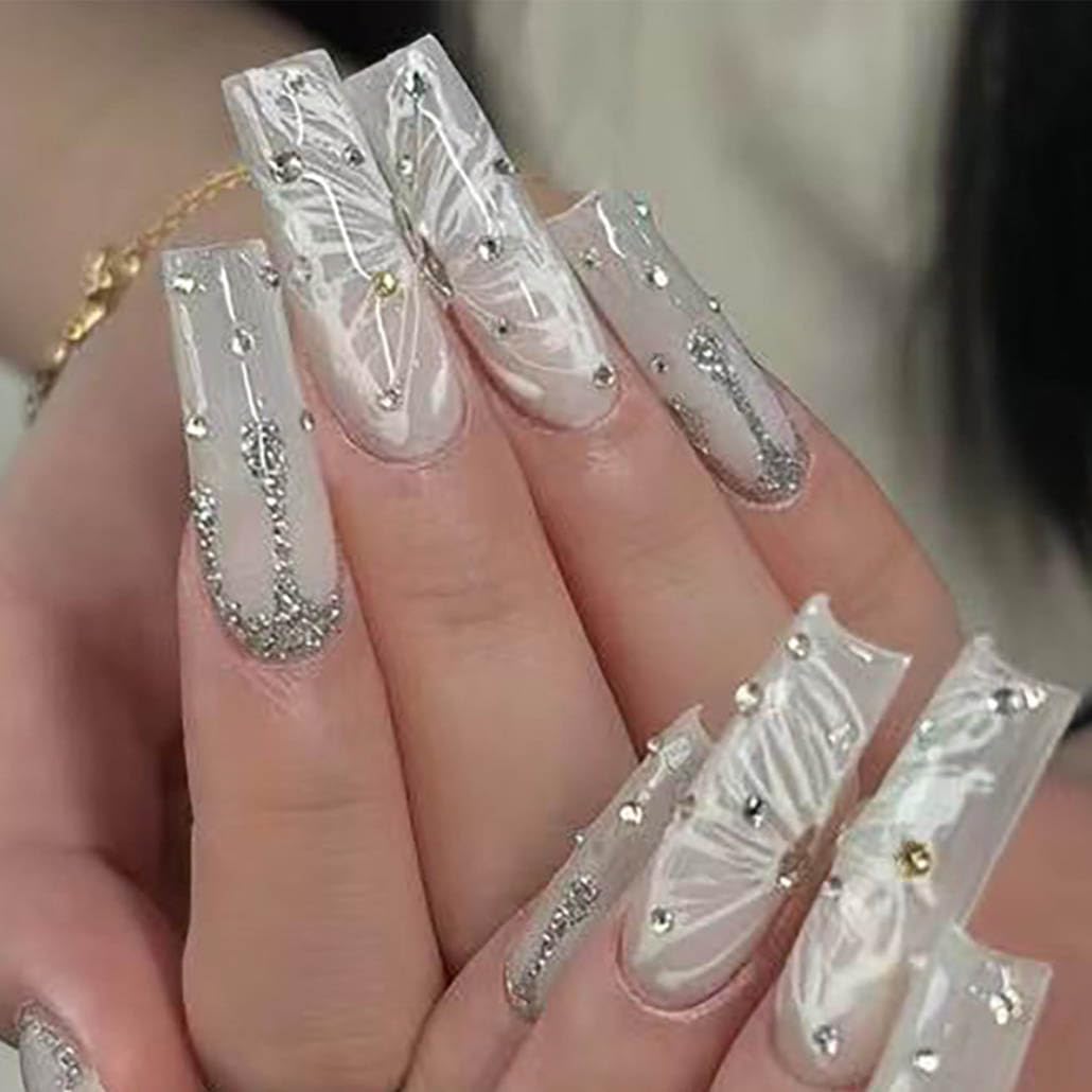 Foccna Press on Nails Super Long Rhinestone White Fake Nails Square Bling Glossy Butterfly False Nail Tips Artificial Nails Finger Manicure for Women