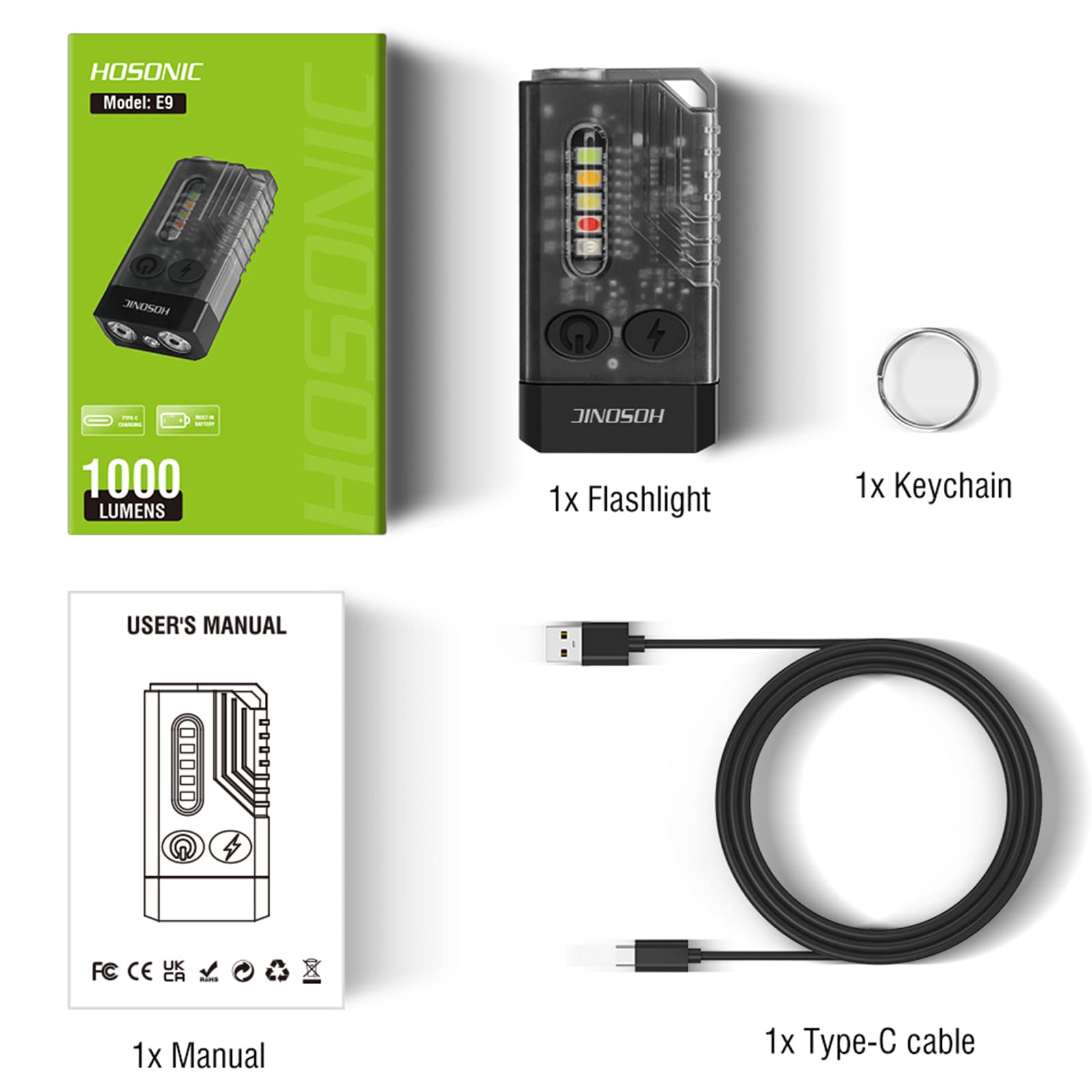 E9 Mini Torcia LED Potente 1000 Lumen, Piccola Torce Portachiavi con 365nm UV e Luce Colorata, 12 Modalità Ricaricabile USB Flashlight, Magnetica, IPX4 Impermeabile