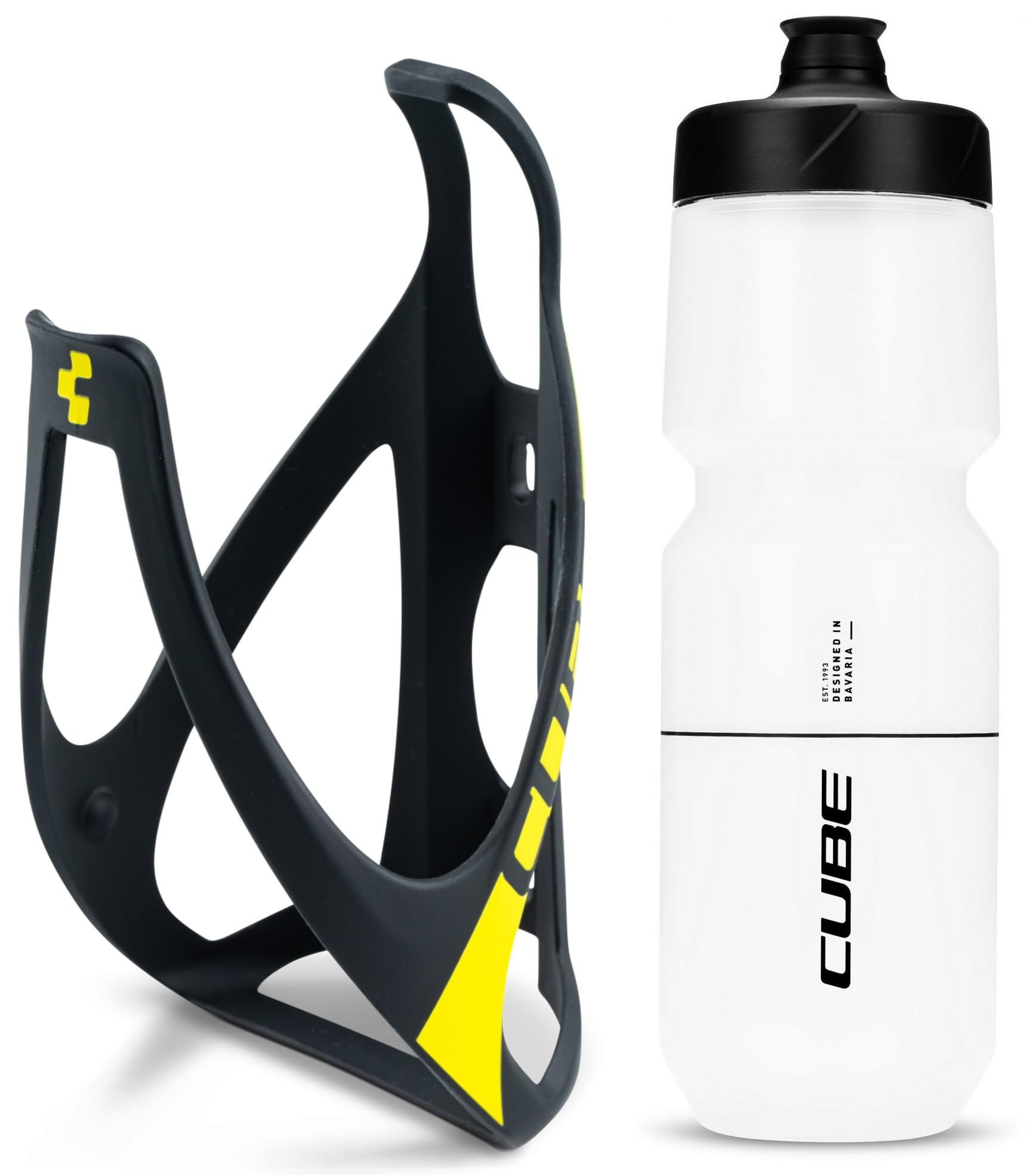 Cube HPP Cage - Matt Black/Yellow & Flow Bottle - Clear, 750ml / Water Drink Flask Vessel Bidon Holder Mount Bracket Kit Lightweight Plastic Drinking Hydration Biking Bike Riding Frame Accessories — image 1