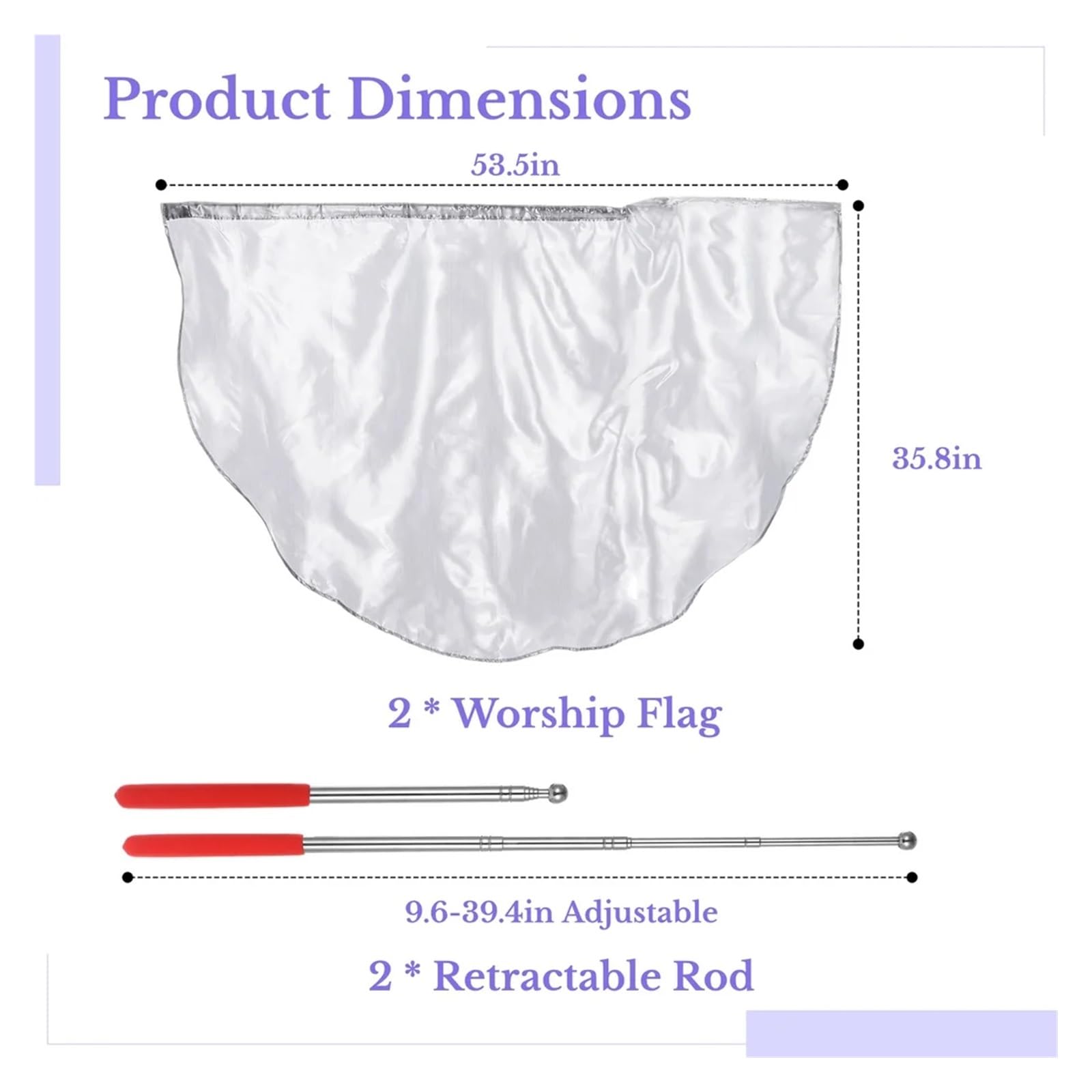 Banderas de baile de adoración de metal y tela estampadas en caliente | Tela plateada for estampado en caliente, semicírculo metálico, 2 banderas de danza de adoración con varillas extensibles