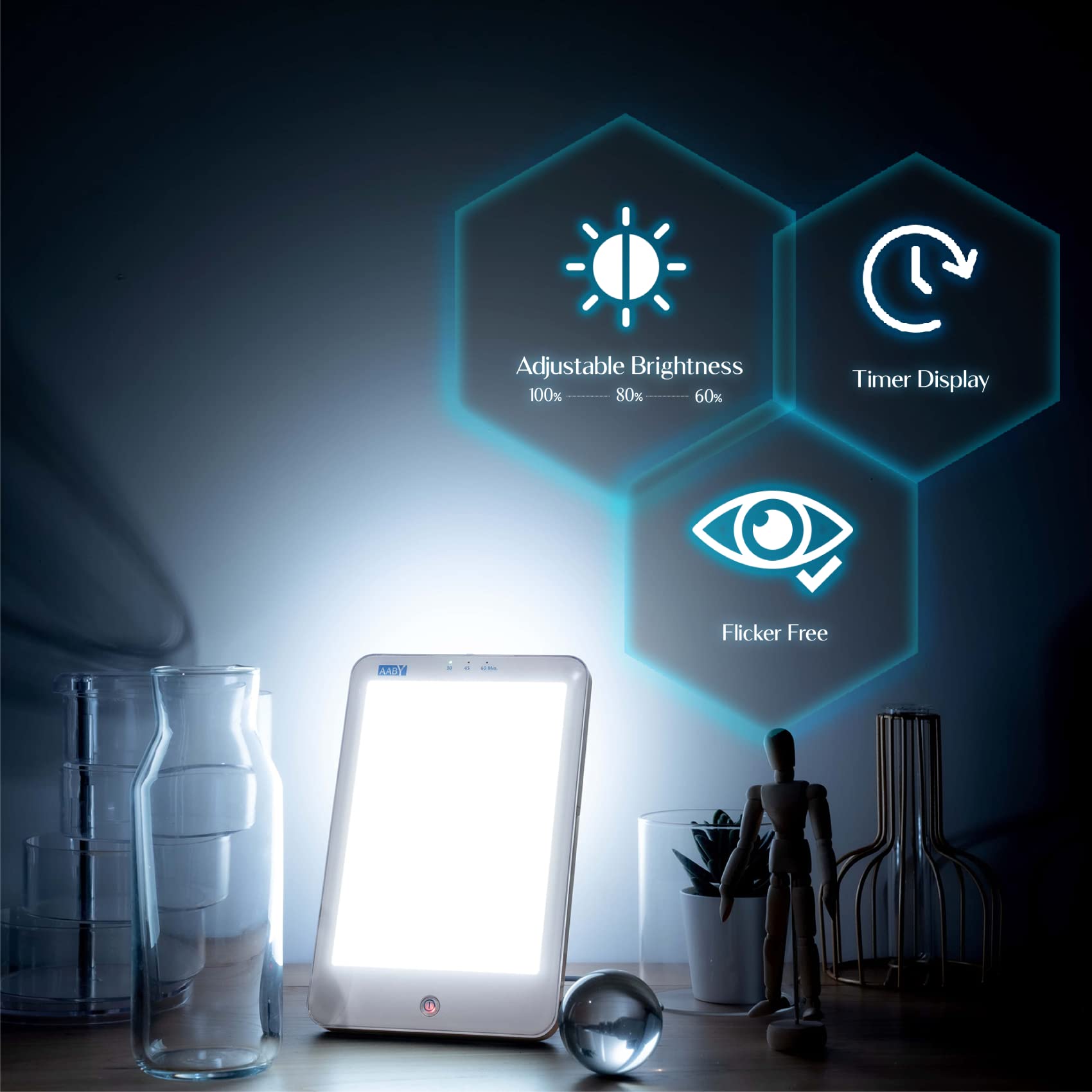 AABY WL21 Lampe de luminothérapie sans UV sans scintillement LED 10 000 lux Lumière blanche brillante Luminosité 3 étapes Minuterie Indicateur tactile Contrôle tactile Taille compacte Portable Mood
