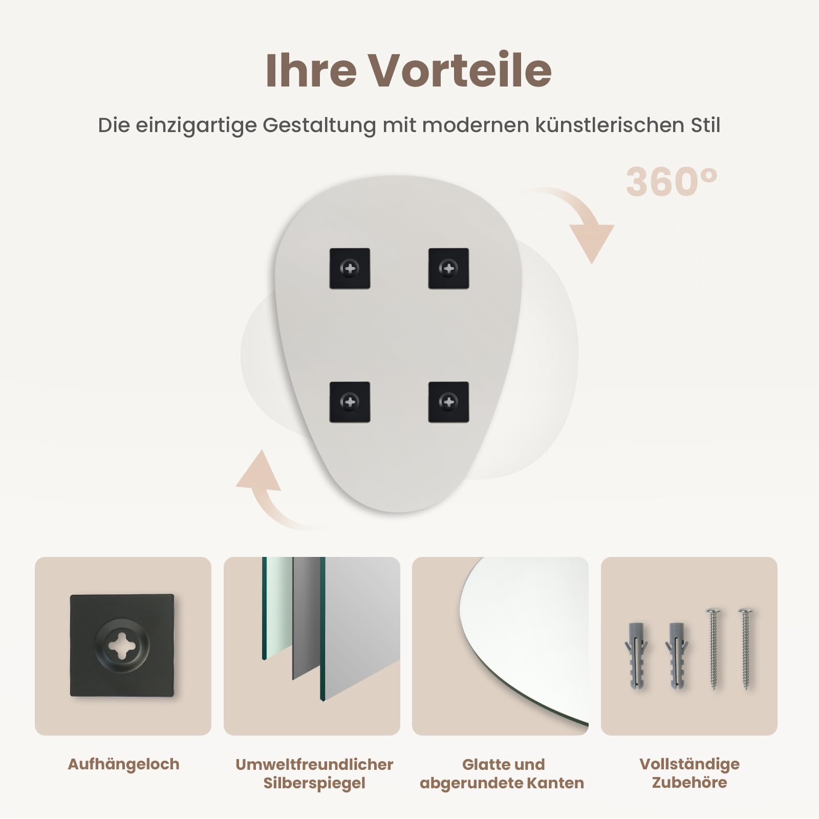 EMKE Specchio asimmetrico decorativo da parete 70x50 cm bagno specchio irregolare con quattro fori di sospensione HD specchio da parete in vetro per bagno, camera da letto, corridoio, lavabo