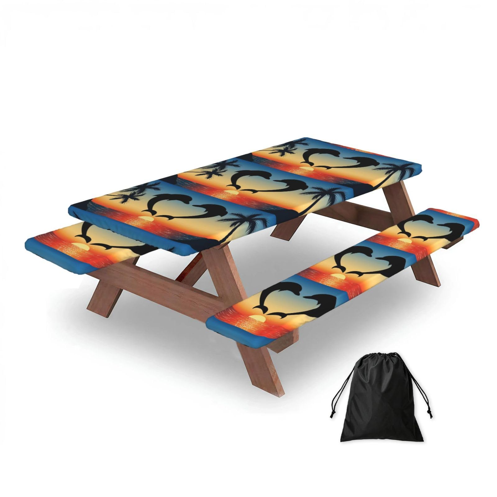 Dopklna As Picture Two Dolphins Jumping Shaped Heart, Picnic Table Cover With Bench Covers -Waterproof Elastic Fitted Tablecloth For Garden Camping Patio 76X152cm