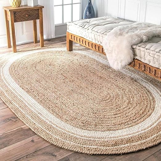 Ronaq International Handwoven Jute Natural Fibres Oval Braided Reversible Rug for Bedroom Living/Dining Room (White, Brown (2 x 3)