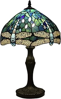 Tiffany Style Green Dragonfly Table Lamp, 30cm Vintage Stained Glass Shade Bedside Lamp, 1 Light, Antique Decoration Reading Desk Lamp for Bedroom Living Room Study Night Light