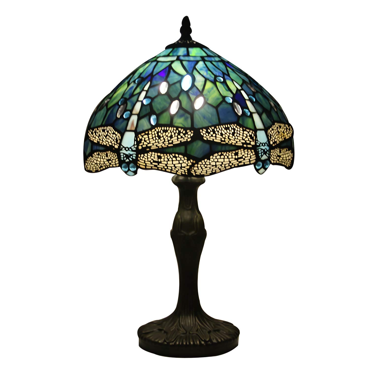 Tiffany Style Green Dragonfly Table Lamp, 30cm Vintage Stained Glass Shade Bedside Lamp, 1 Light, Antique Decoration Reading Desk Lamp for Bedroom Living Room Study Night Light