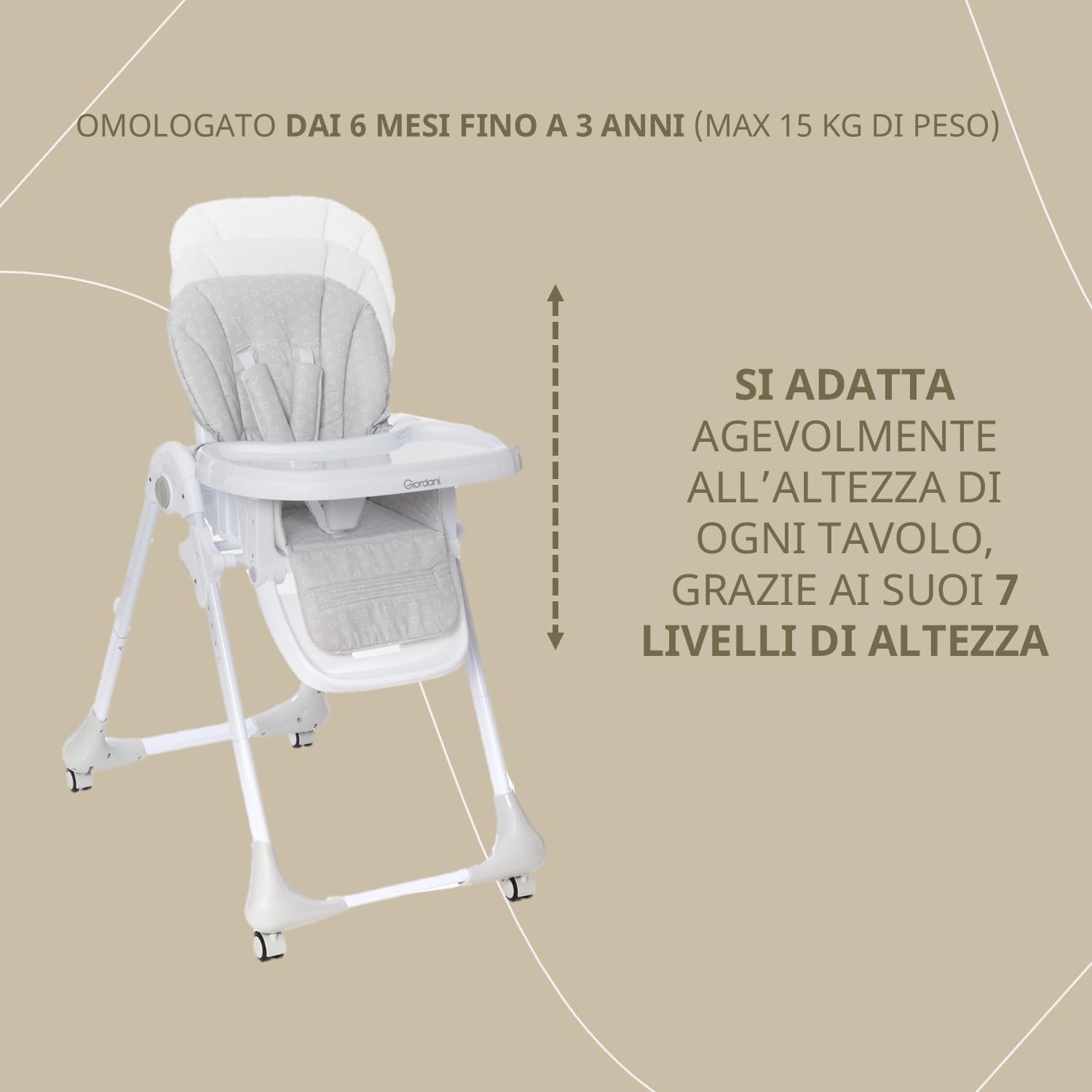 Giordani G-Snack Seggiolone Pappa 6 Mesi - 15kg, Altezza Regolabile in 7 Posizioni, Schienale e Poggiapiedi regolabili, 4 Ruote con Freno, Chiusura Compatta Salvaspazio e Doppio Vassoio Lavabile