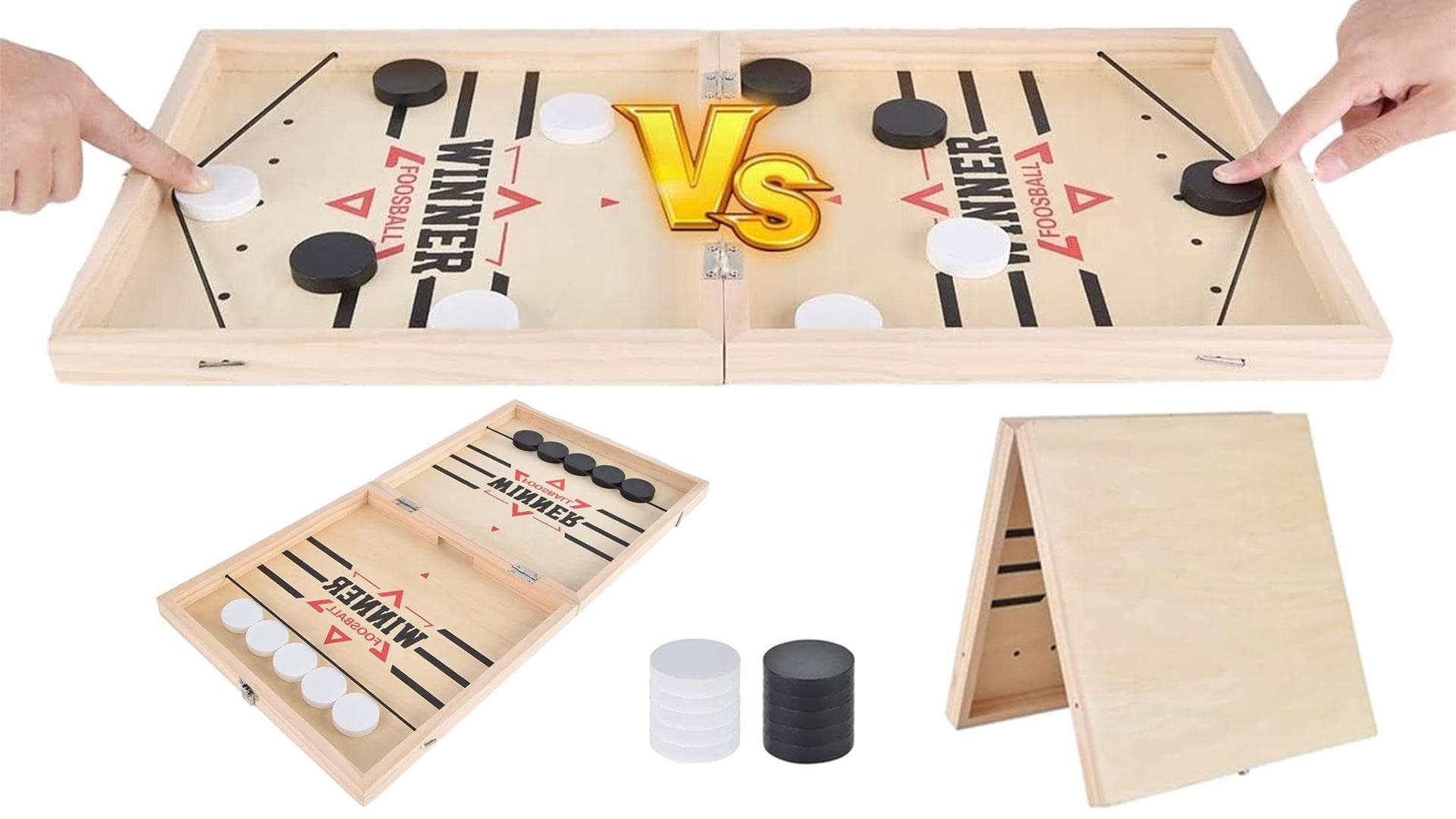 Tischfußball Gewinnerspiel – Sling Puck Hockey-Brettspiel – 2-in-1 Klappbar, Aus Holz – Für Eltern-Kind-Interaktion Ab 6 Jahren
