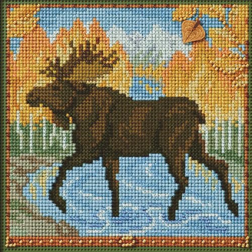 Image of Mill Hill Autumn Moose Beaded Counted Cross Stitch Kit 2024 Buttons & Beads Autumn MH142425, Multicolor, 5.25 x 5.25 Inches