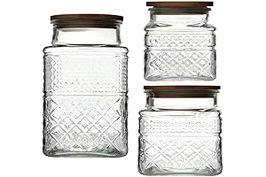 Vintage Embossed Glass Storage Jars with Bamboo Lids for Decorative Kitchen Storage