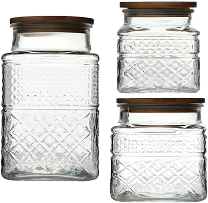 Vintage Embossed Glass Storage Jars with Bamboo Lids – 3-Piece Set