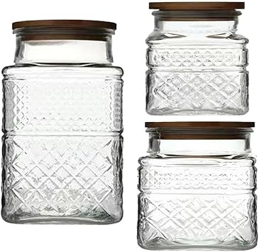Glass Storage Container Jars with Lid Set 3-Piece Jars in 60 oz/40 oz/20 oz | Square Vintage Embossed Canisters, Food Cereal Storage Containers with Bamboo Lid, Glass Jars for Kitchen Counter and Pantry