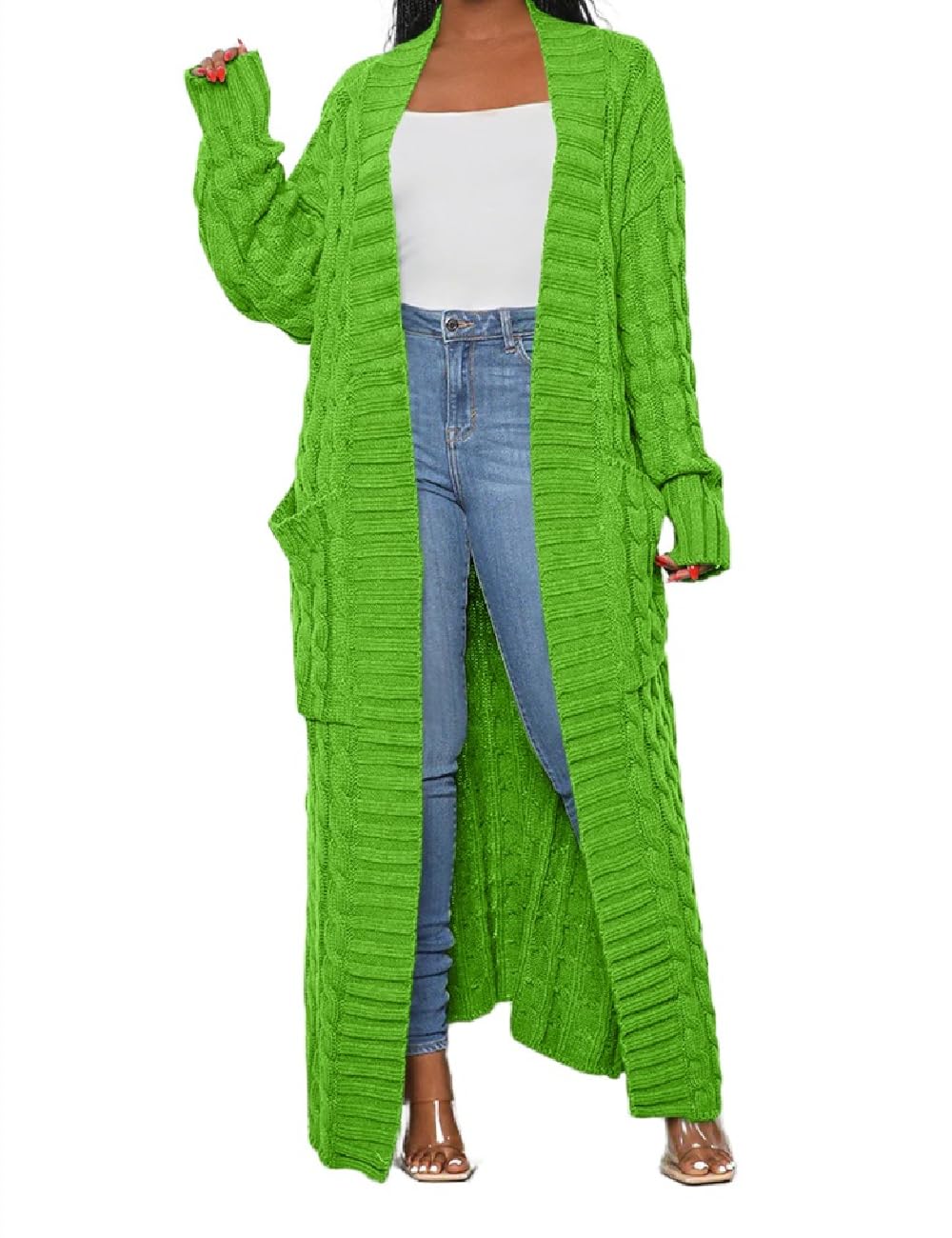 Womens Thin Stylish Cable Knit Dual Extra Long Maxi Cardigan with 2-Pockets