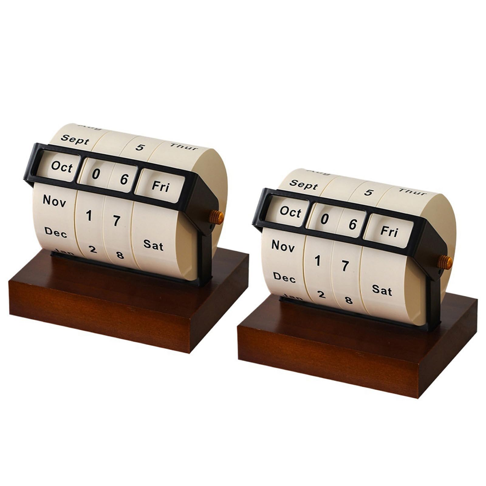 WDWDW 2 pcs Wooden Wheeling Calendar,Rotary Perpetual Desk Calendar with Month Week Day Date Display,Compact and Practical