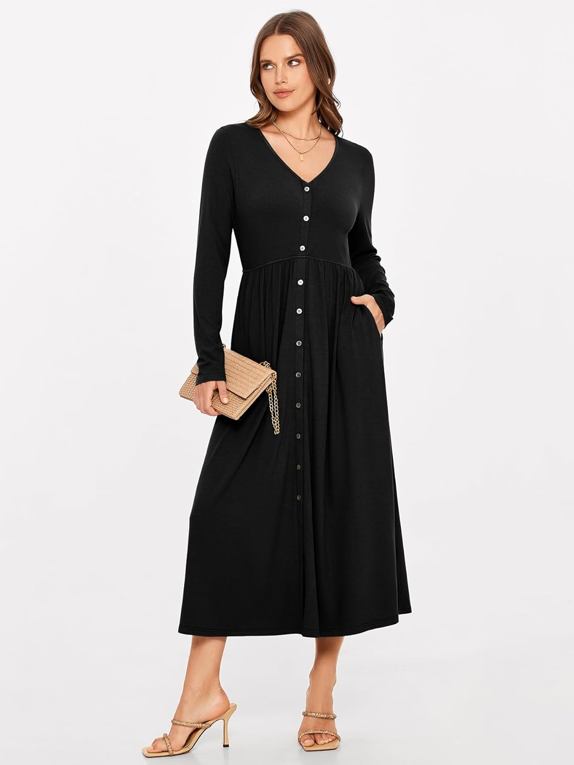 Glamaker Women's Long Sleeve Fall Dress 2024 Casual V Neck Ribbed Knit Button Down Maxi Dress Wedding Guest Dresses Pockets - Image 3