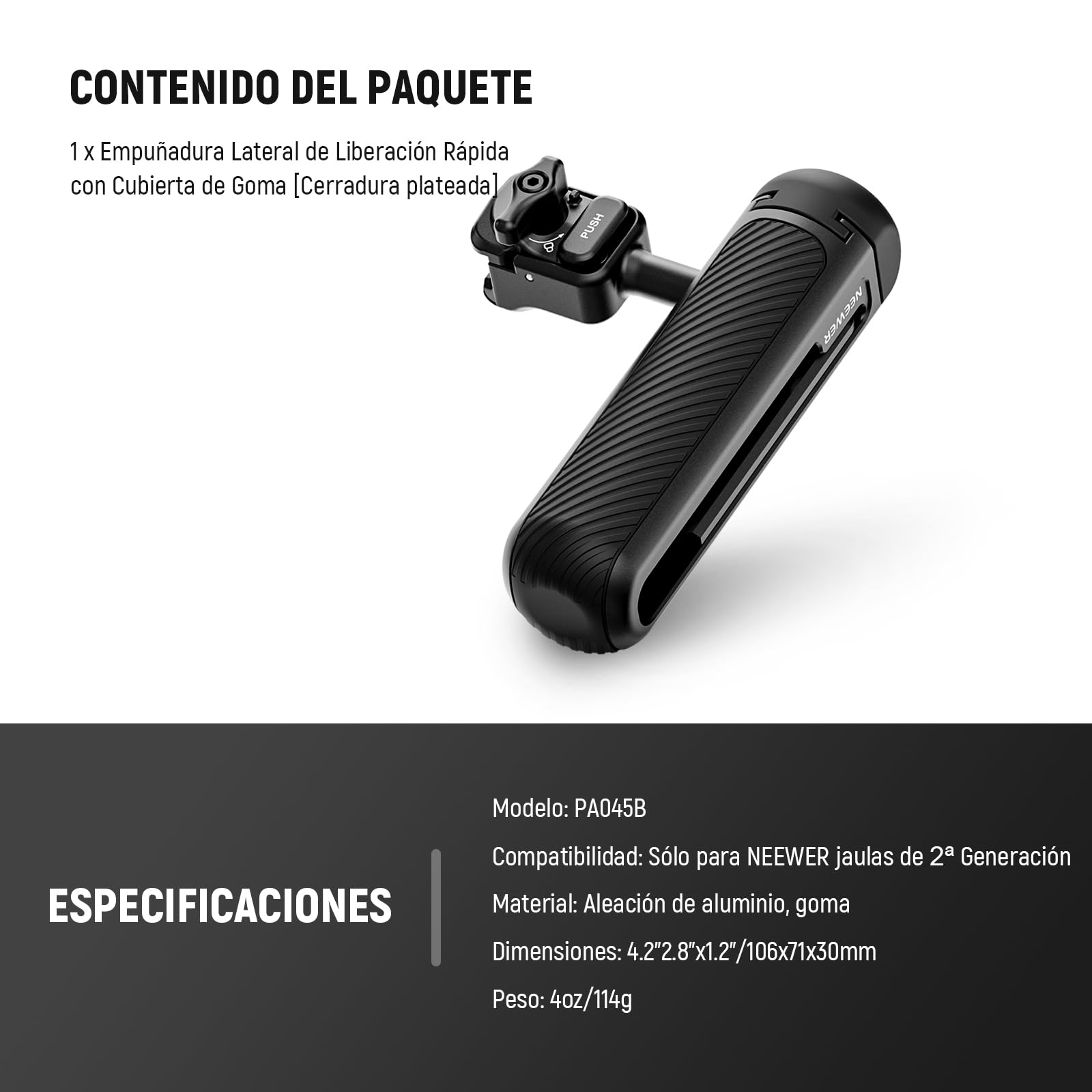 NEEWER Manija Lateral Liberación Rápida para Jaula Teléfono PA073 PA074 para iPhone 16 Pro/16 Pro MAX, PA042 para Samsung S24 Ultra, con Zapata Fría Cubierta, Anti Off Pin, Cerradura Negra, PA045B