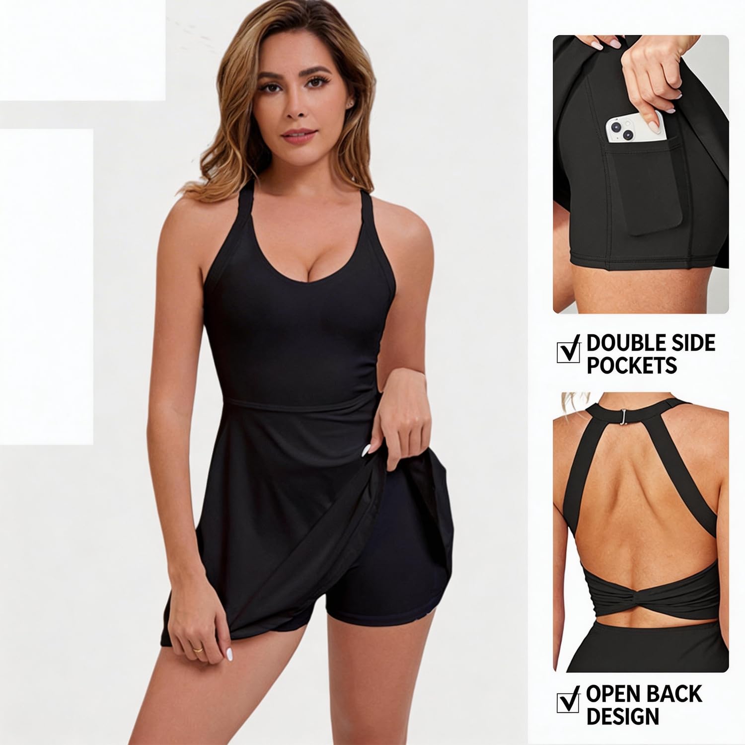 Vestido de Tenis Mujer con Shorts Integrados y Bolsillos, Vestido Deportivo Espalda Abierta, Ropa Fitness para Golf, Yoga, Running,Negro,S