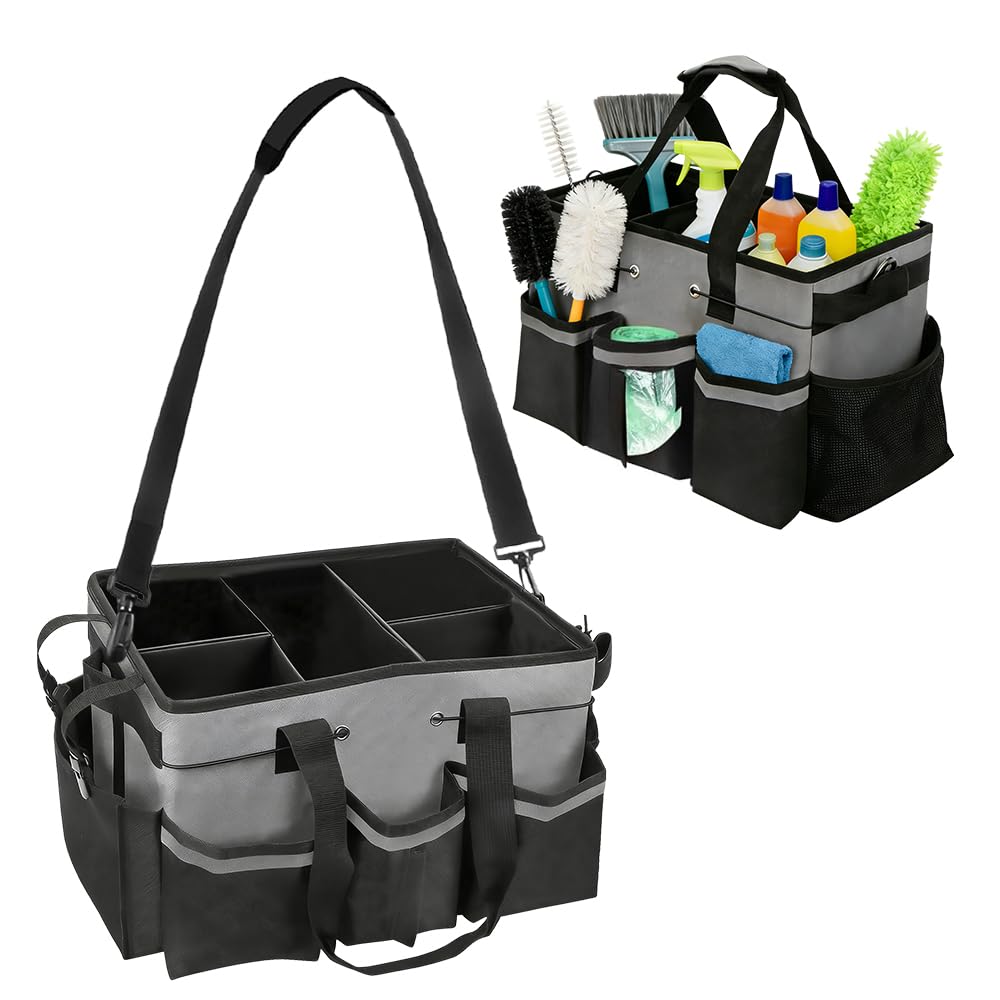 Nzkeuf Cleaning Caddy Bag, Large Cleaning Tote Bag Multi-Compartment with Detachable Divider, Wearable/Carry-On Cleaning Organiser for Housekeepers, Janitors, and Commercial Cleaning (Grey)