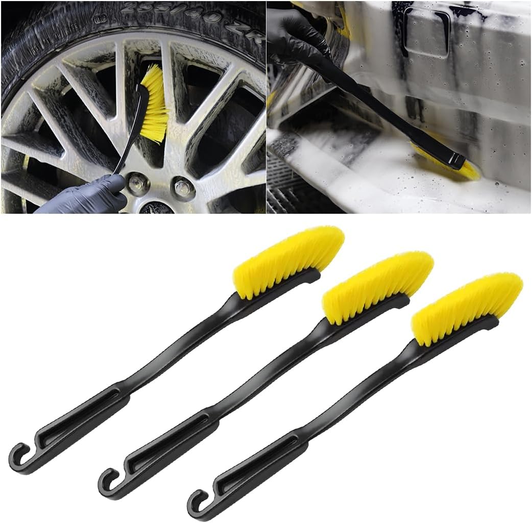 Escova de Limpeza para Roda de Carro - 3 Peças com Cabo Longo para Pneus e Tapetes - Acessórios de Detalhamento Automotivo para SUV, Sedan e Caminhonete