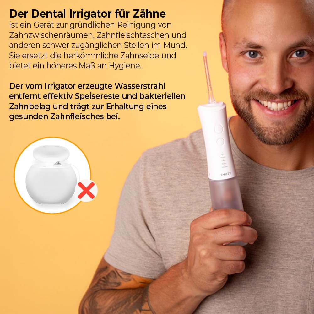 SMILEY Pro Aqua Munddusche Kabellos Zahndusche | Elektrisch Zahnreinigung Zahnzwischenraumreiniger Irrigator Zähne | Waterflosser Zahnreinigungsset Zwischenräume Zahnspülung Gerät mit 4 Tipps