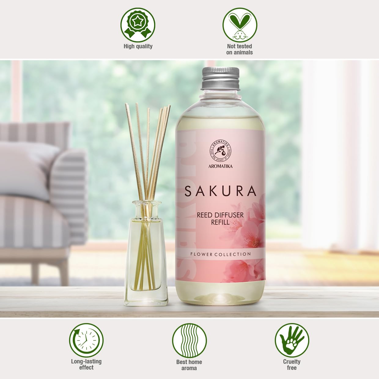 Recambio de Difusor Sakura 500 ml - Recambios de Aroma para Difusores de Carrizo - Fragancia Fresca y Duradera - Fragancias de Ambiente - para Hogar - Aromaterapia