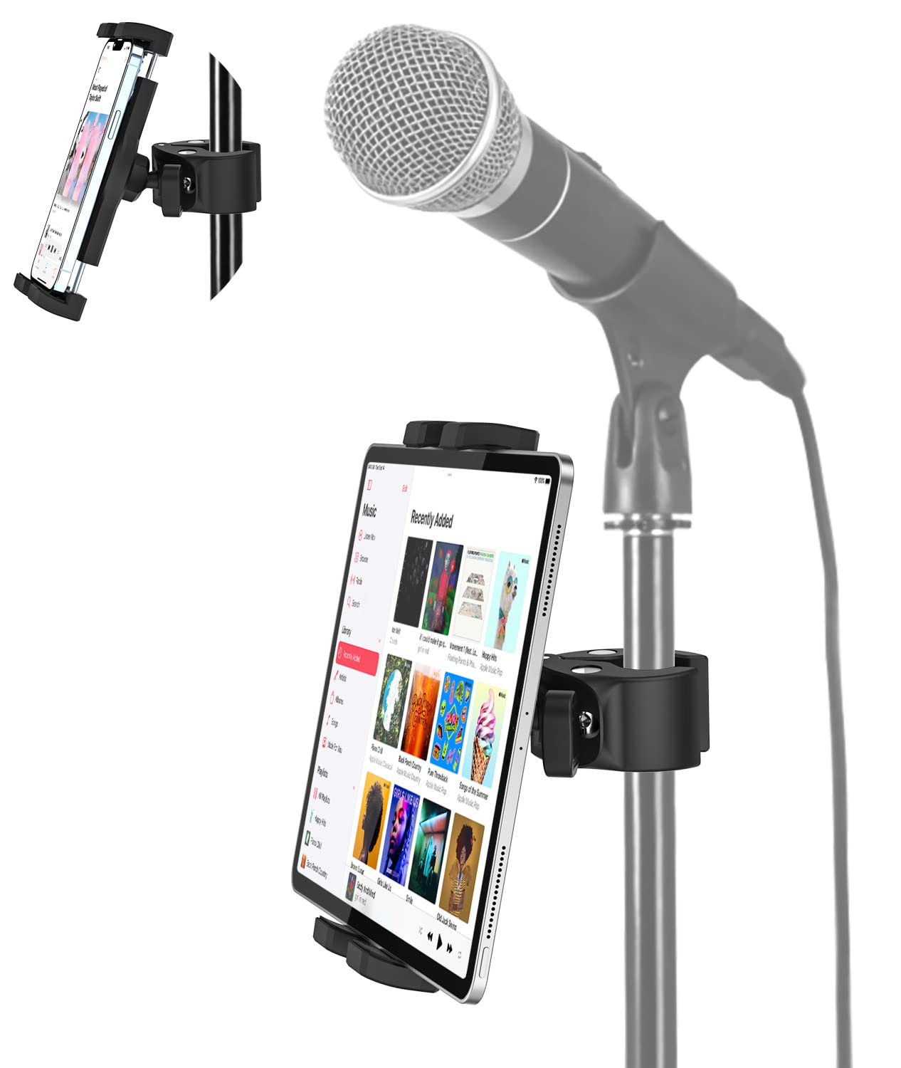 EXSHOW Tablet Holder for Mic Music Stand, Microphone Tablet Stand Mount, Adjustable iPad Mic Stand, 360° Swivel Phone Sheet Music Clamp for iPad Pro 12.9 Air Mini, Galaxy Tabs, iPhone, 4-13" Tablets