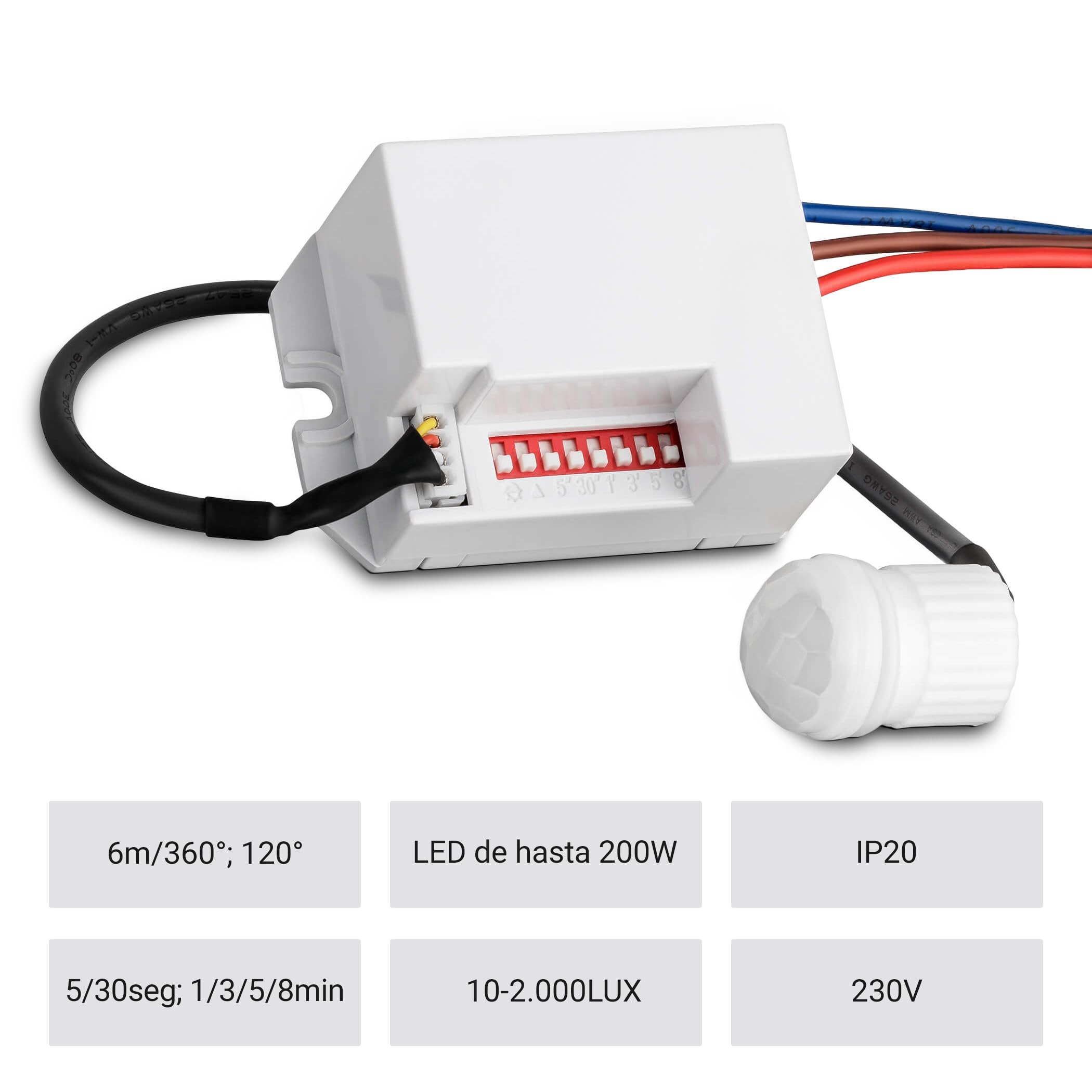 SEBSON Mini Detector de Movimiento Empotrable, Interior, Montaje en Pared | Programable, Sensor de Infrarrojos, Alcance 6m/360°, LED adecuado - Set de 4