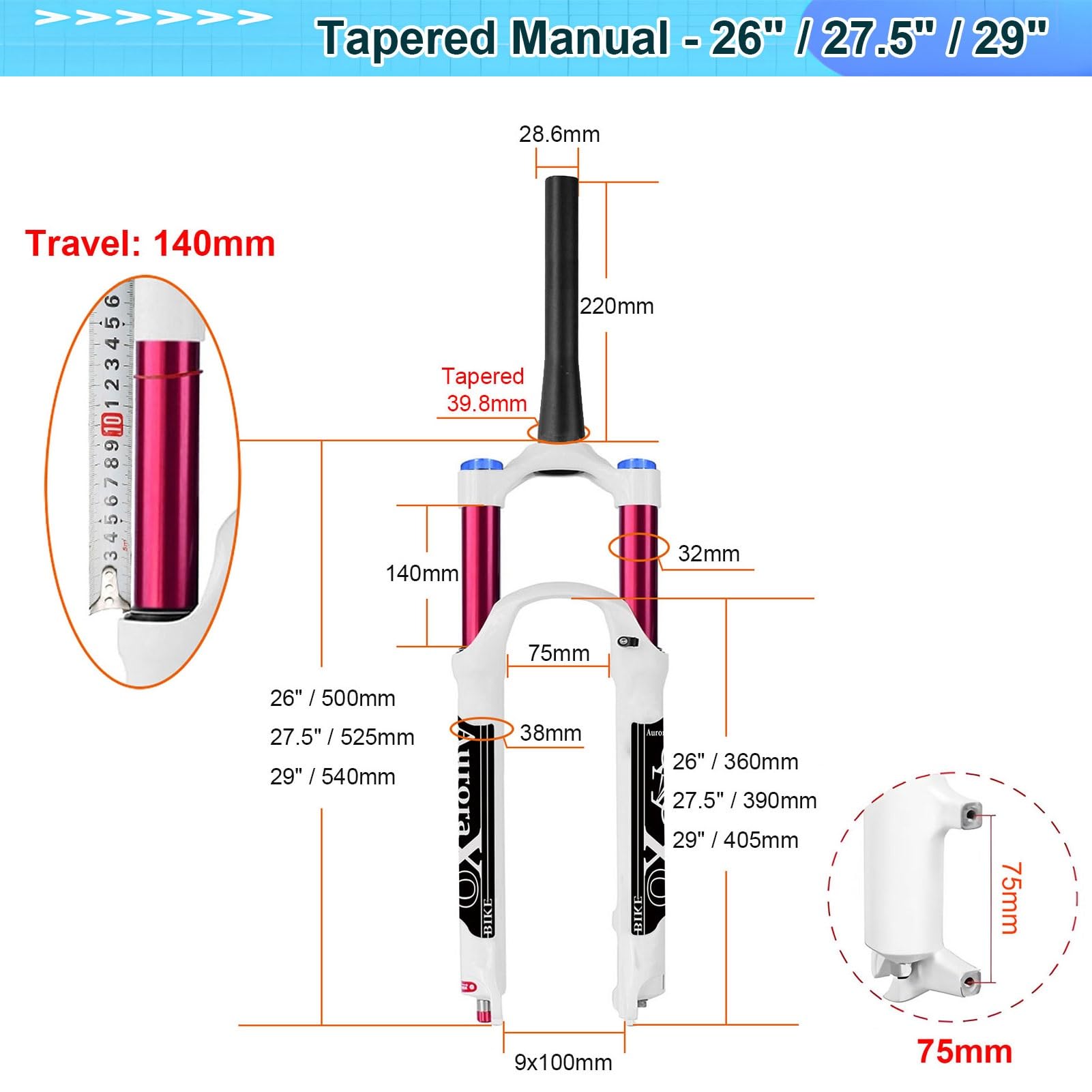 Forcella Ammortizzata AuroraXQ per Mountain Bike da 26, 27,5 e 29 Pollici, Escursione di 140 mm, Regolazione del Ritorno, in Lega di magnesio, Dritta/conica, per MTB.