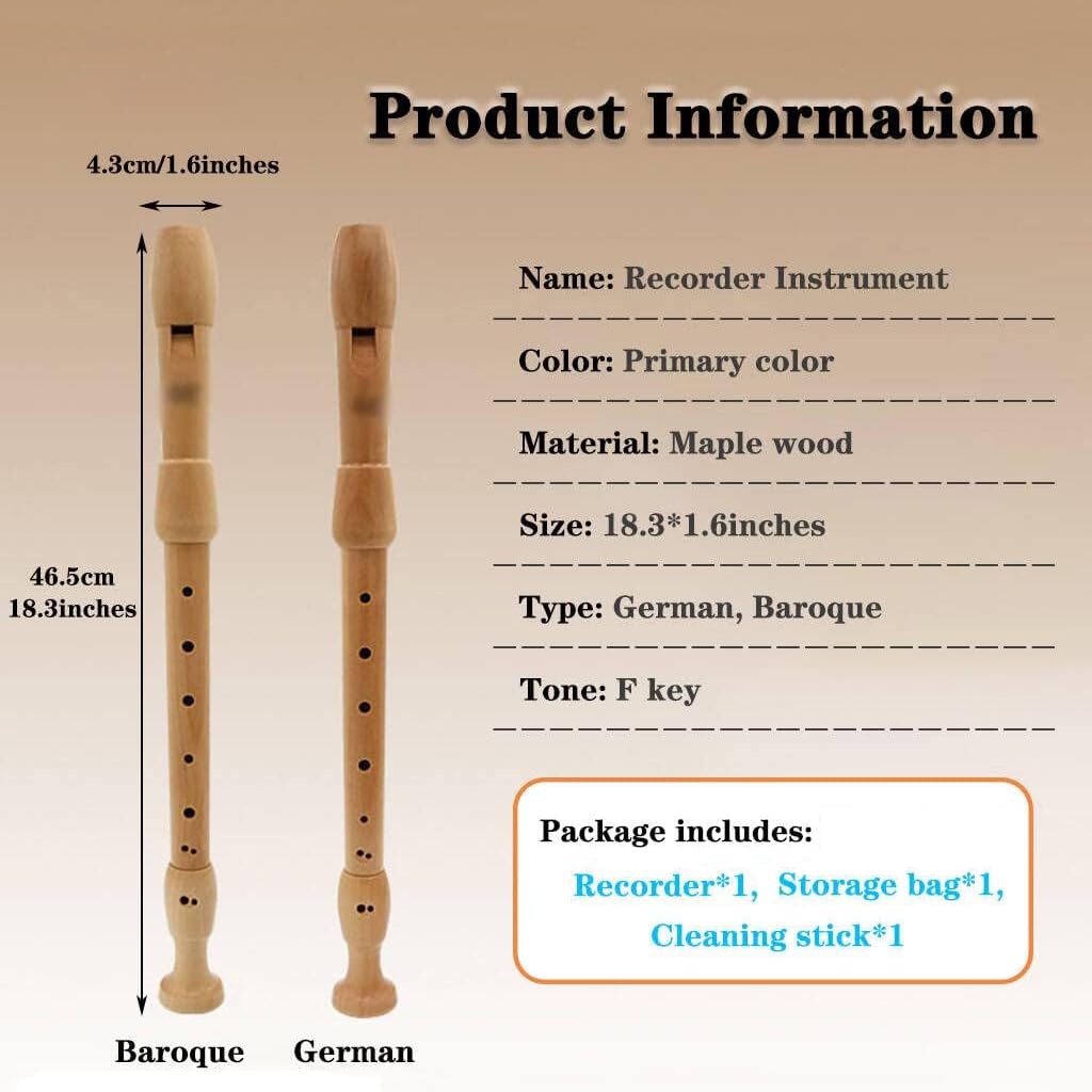 Blockflöten Instrument, Deutsche & Barocke 8-Loch Blockflöte für Anfänger & Profis, Ahornholz, F-Taste, mit Reinigungsstab & Aufbewahrungstasche