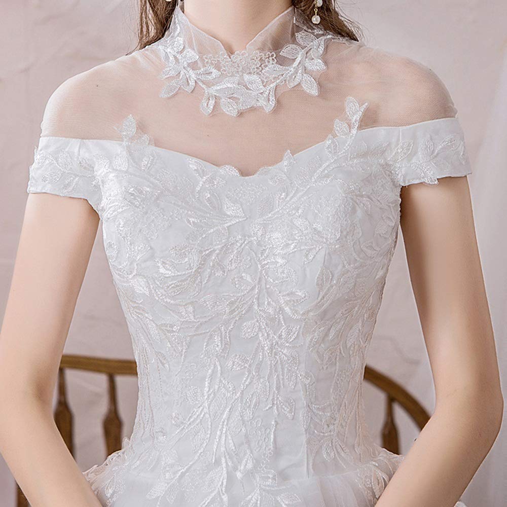 Vestido de novia elegante con cuello alto para mujer, largo hasta el suelo, falda esponjosa, bordado de noche, vestido de fiesta, bonito vestido (color: blanco, talla: extragrande) (blanco XL)