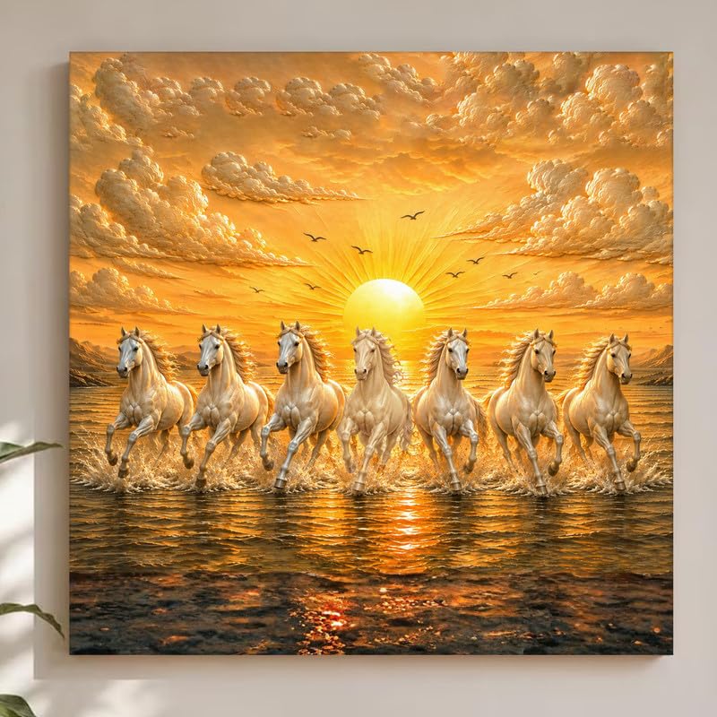 Image of PAINTINGMANTRA 7 White Running Horses Canvas Wall Art Painting For Living Room|Seven Running Horses Vastu Stretched Canvas Painting For Bed Room, Home & Office, 22x22 Inch