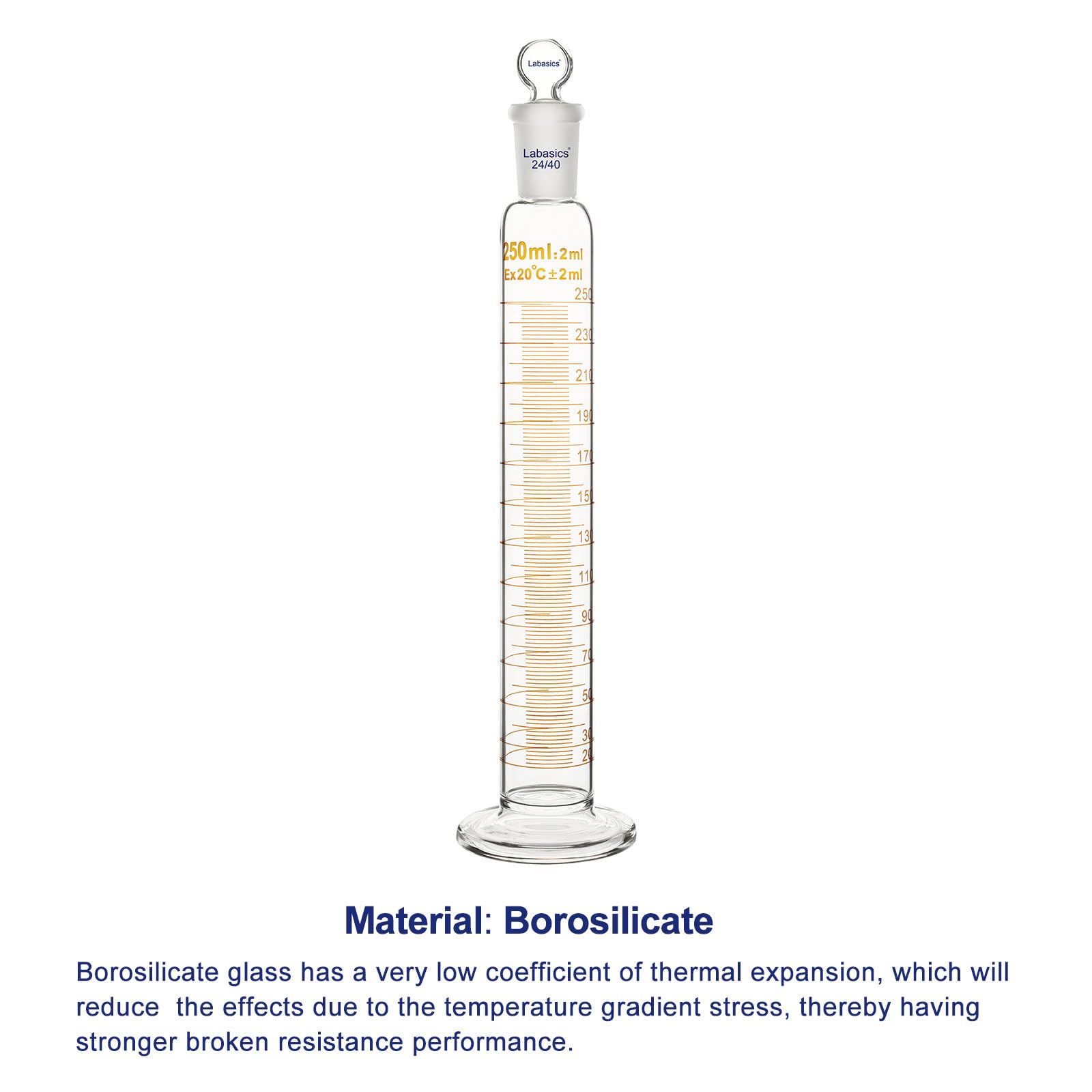 Labasics Cilindro Graduado con Tapón 250 ml Vidrio Borosilicato Junta Esmerilada 24/40 Laboratorio Medición Líquidos