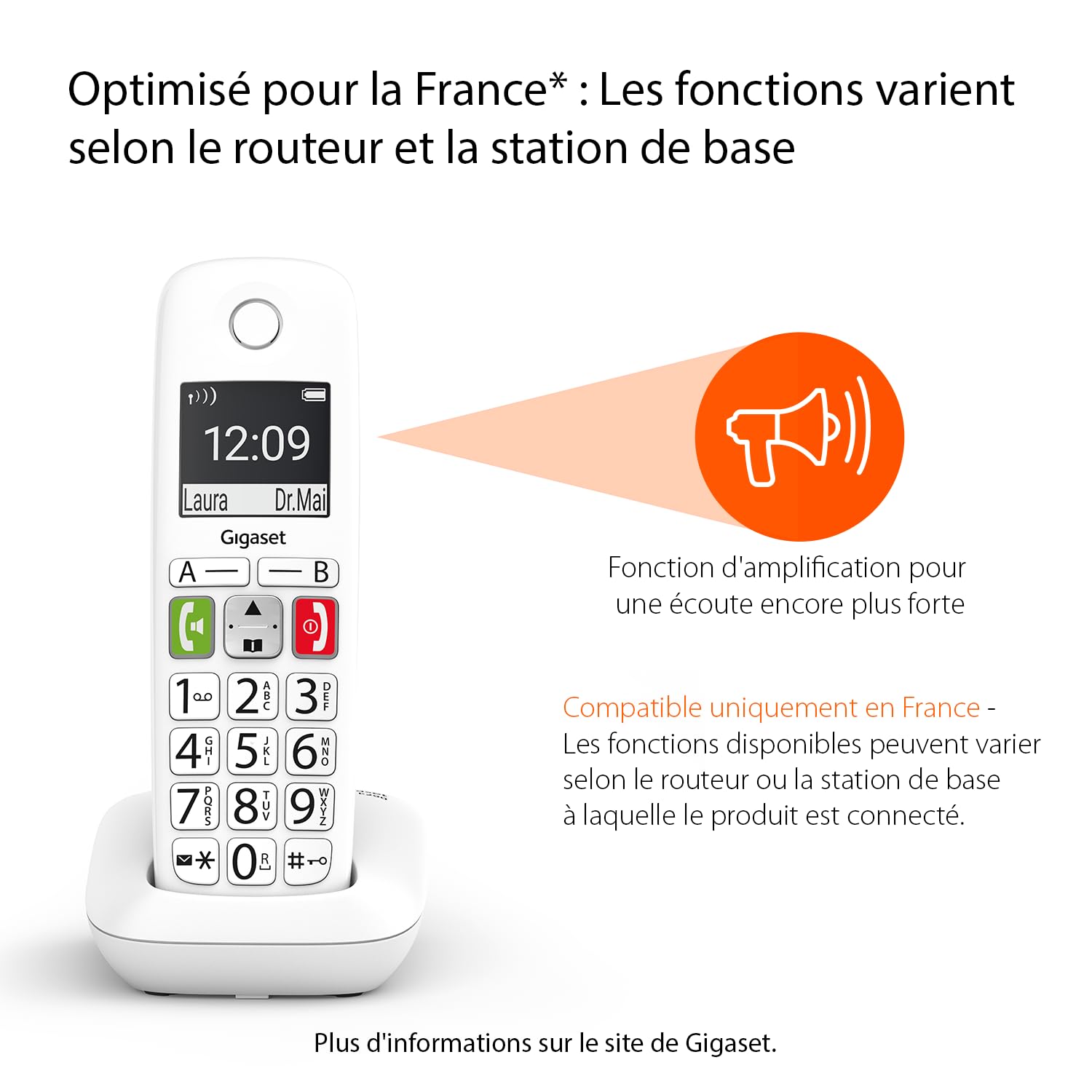 Gigaset E290 téléphone sans fil seniors larges touches amplification son fort blanc