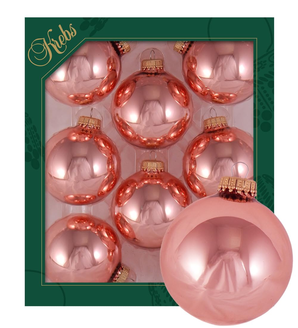 Krebs Glas Lauscha - Decoración de Navidad/Adornos para árbol de Navidad de cristal - Bolas de colores lisos - Cantidad: 8 unidades - Color: rosa de té - Tamaño: 7 cm aprox
