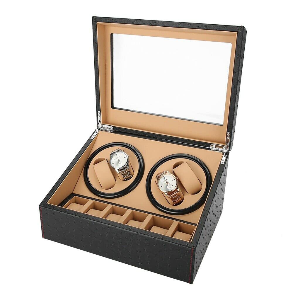 4+6 Uhrenbeweger für Automatikuhre 3 Drehmodis super leisem Motor Uhrenbeweger Box Luxuriöser PU Leder Uhrengehäuse Watch Winder mit 6 extra Speicherplätze und Transparente Glasabdeckung