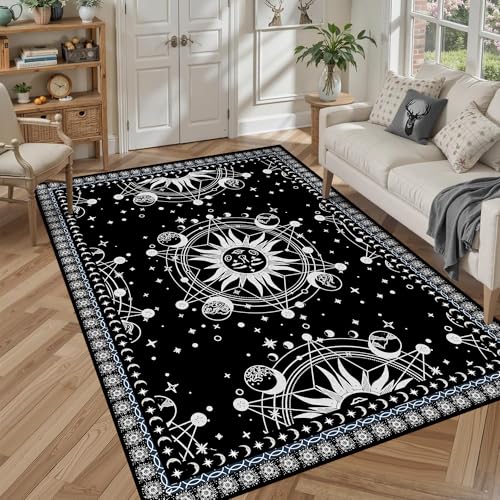 5' X 7' Sun and Moon Rug Boho Celestial Area Rugs for Bedroom Dorm Living Room Bohemian Occult Crescent Solar Stars Galaxy Floor Mat Pad Doormat Carpet,150 X 210cm,Black Black 5' x 7' (Recta