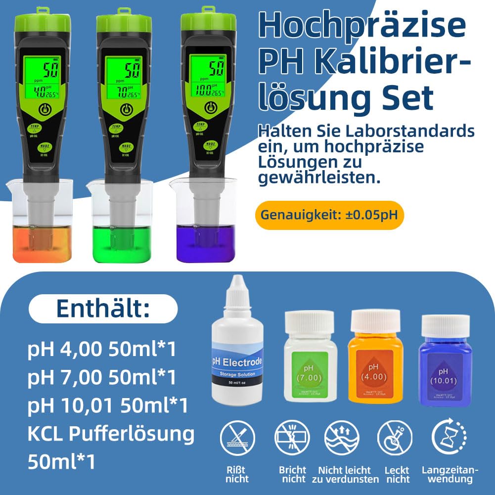 Kit de solution d'étalonnage PH (4.00, 7.00 et 10.01) avec solution tampon KCL, 3 flacons de solution d'étalonnage PH de 50 ml et 1 flacon de 50 ml de solution de sonde KCL PH pour appareil de