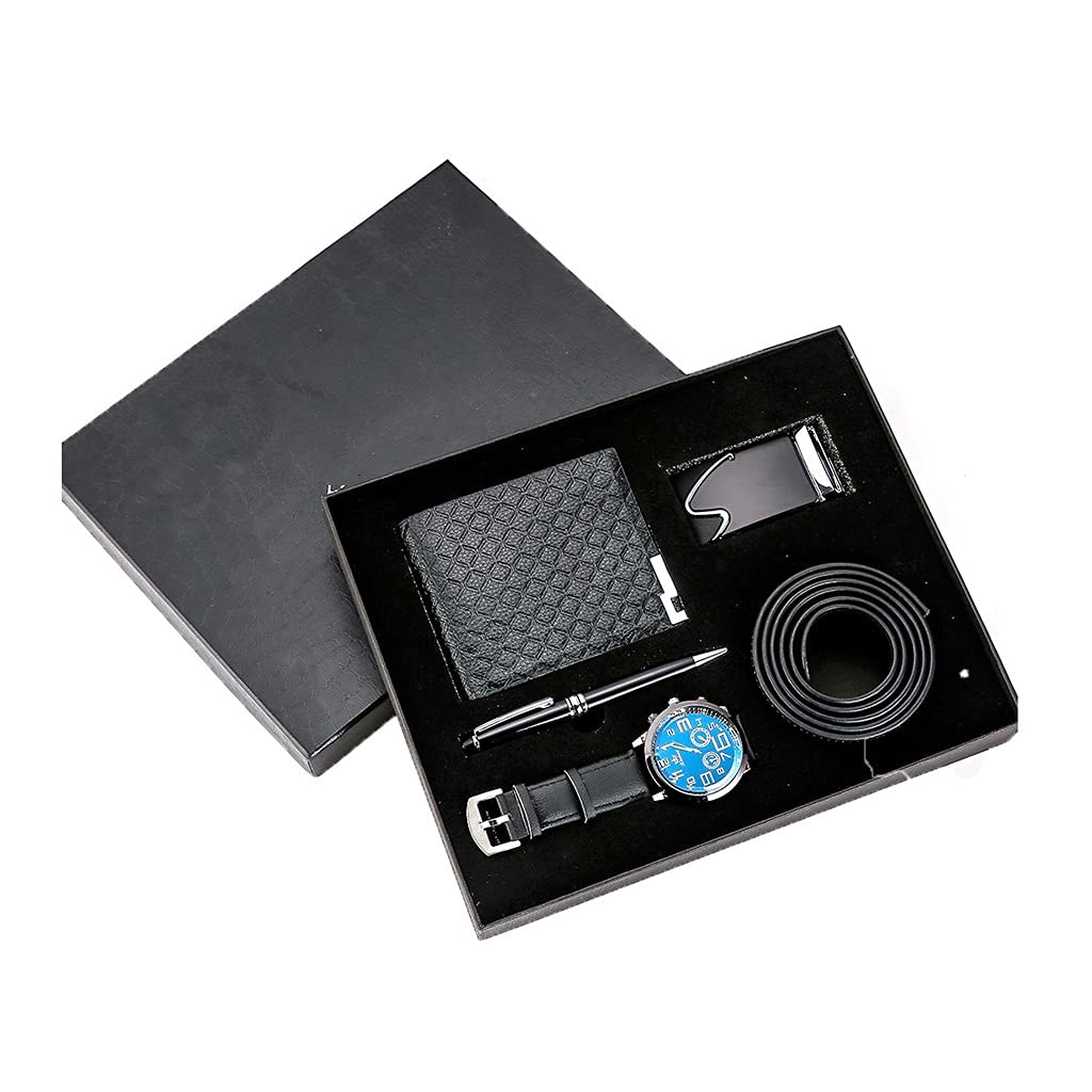 HMTE Elegante Orologio da Uomo Set per Uomo Orologio al Quarzo Occhiali Cintura in Pelle Portafoglio Portachiavi Penna Set Regalo da Uomo Confezione Regalo di Compleanno Aziendale