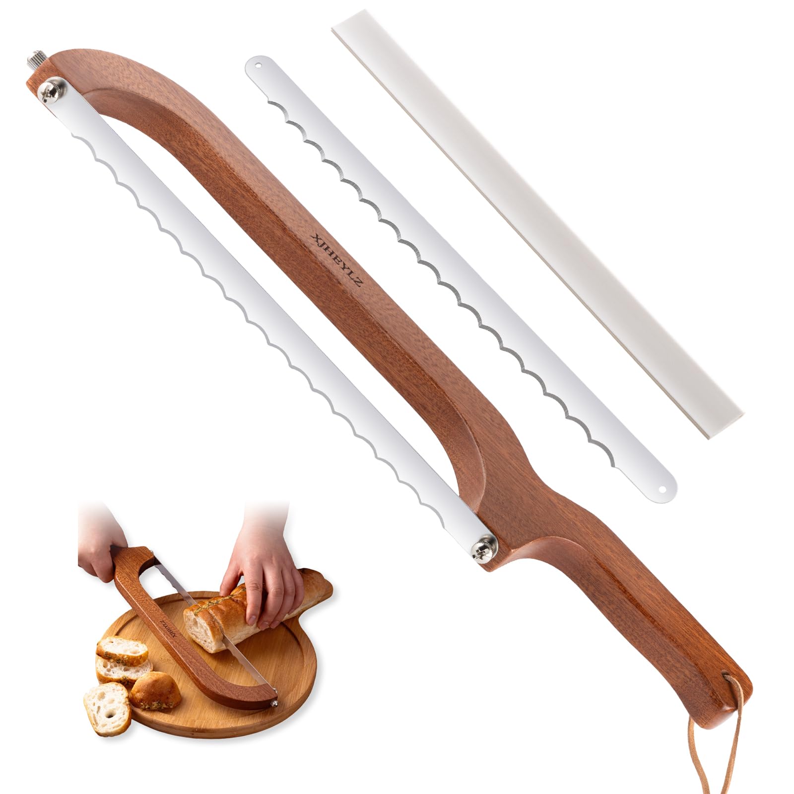 Photo 1 of XJHEYLZ Sourdough bread knife,Bread Slicer for Homemade Bread,Adjustable blade tightness for Even Slicing, Serrated knife,Wooden Bread cutter with Bow Design (3, Red-brown color)