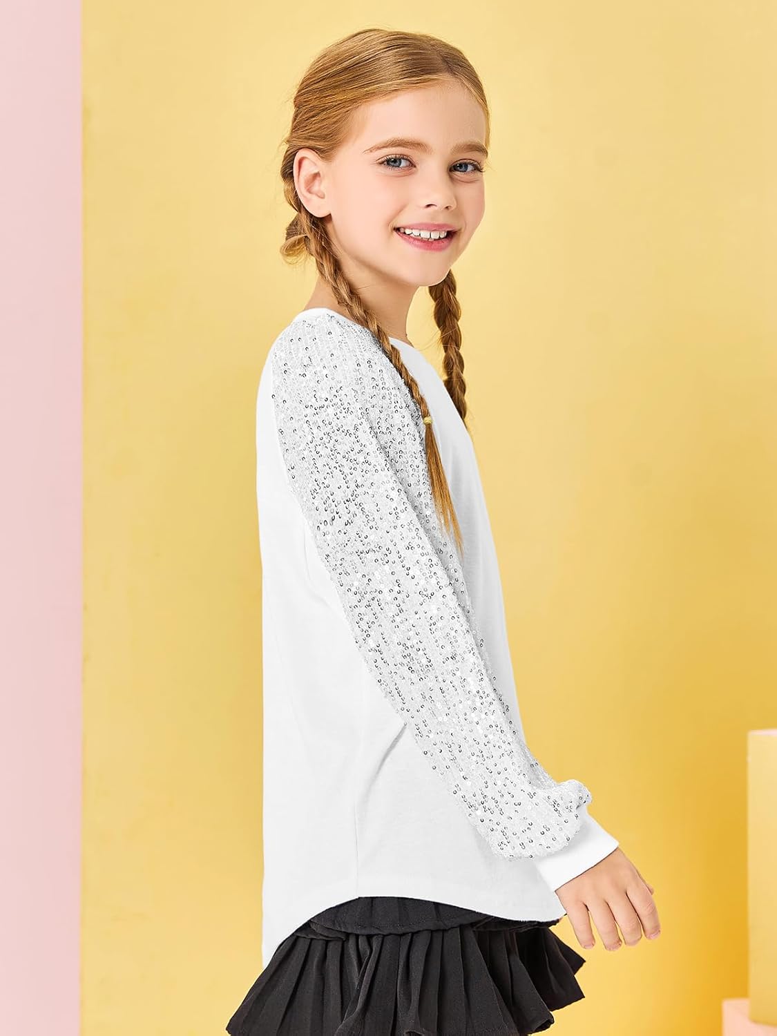 Haloumoning Girls Sequin Sweatshirts Kids Fashion Crewneck Long Batwing Sleeve Pullover Clothes 5-14 Years - Image 3