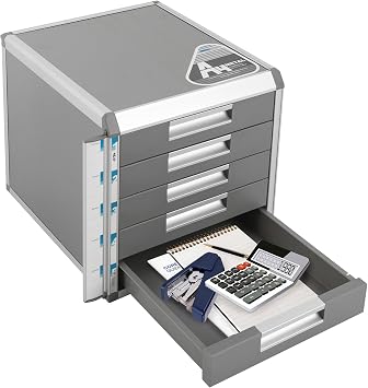 Desk Organizer with 5 Drawers, Metal Desktop Storage Cabinet File Holder with Locks and Keys, Storage Organizer Filing Case for Office Bedroom Home, Silver & Grey