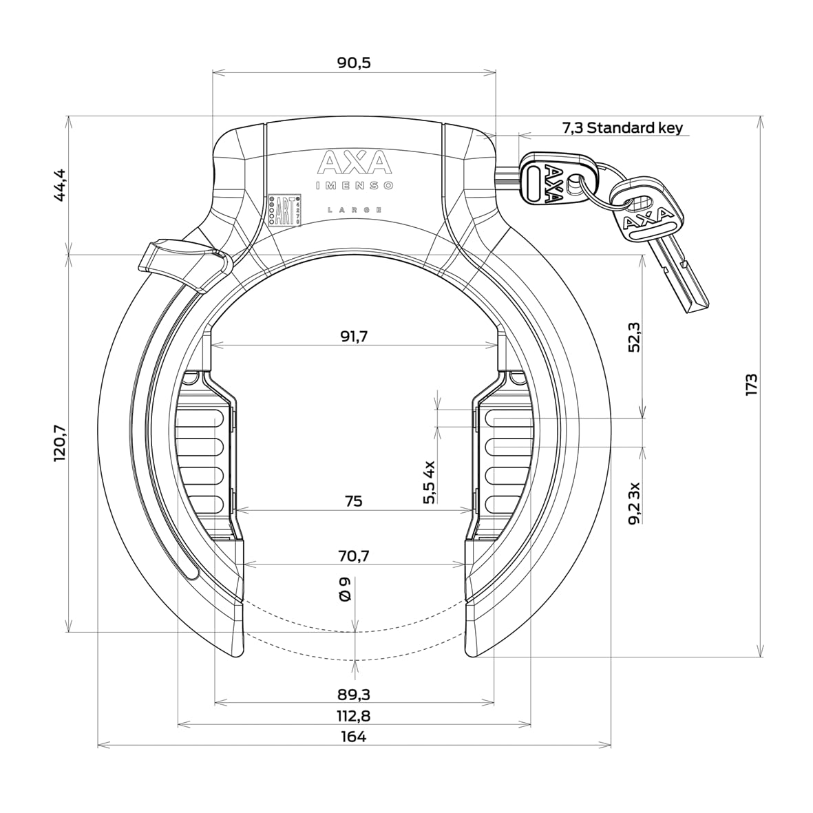 AXA Imenso Large Antivol de Cadre rétractable – Clé Amovible – Largeur d'ouverture : 70 mm – Niveau de sécurité 12 – Compatible avec Une chaîne à insérer