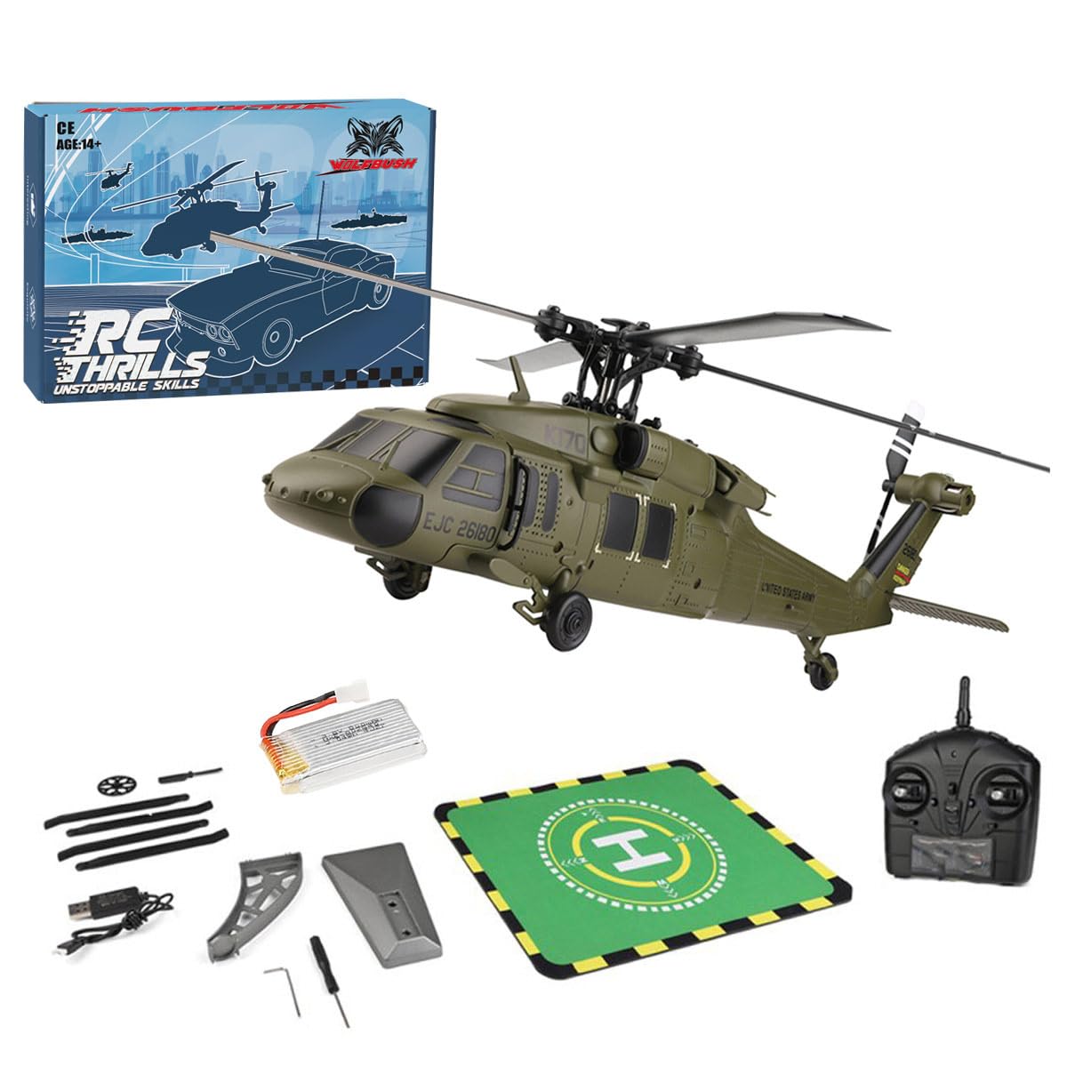 BuildCubes WL K170 Black Hawk UH-60L RC Helicopter for Adults - 2.4G 4CH Flybarless 6-Axis Gyro Military Toy Gift -RTF
