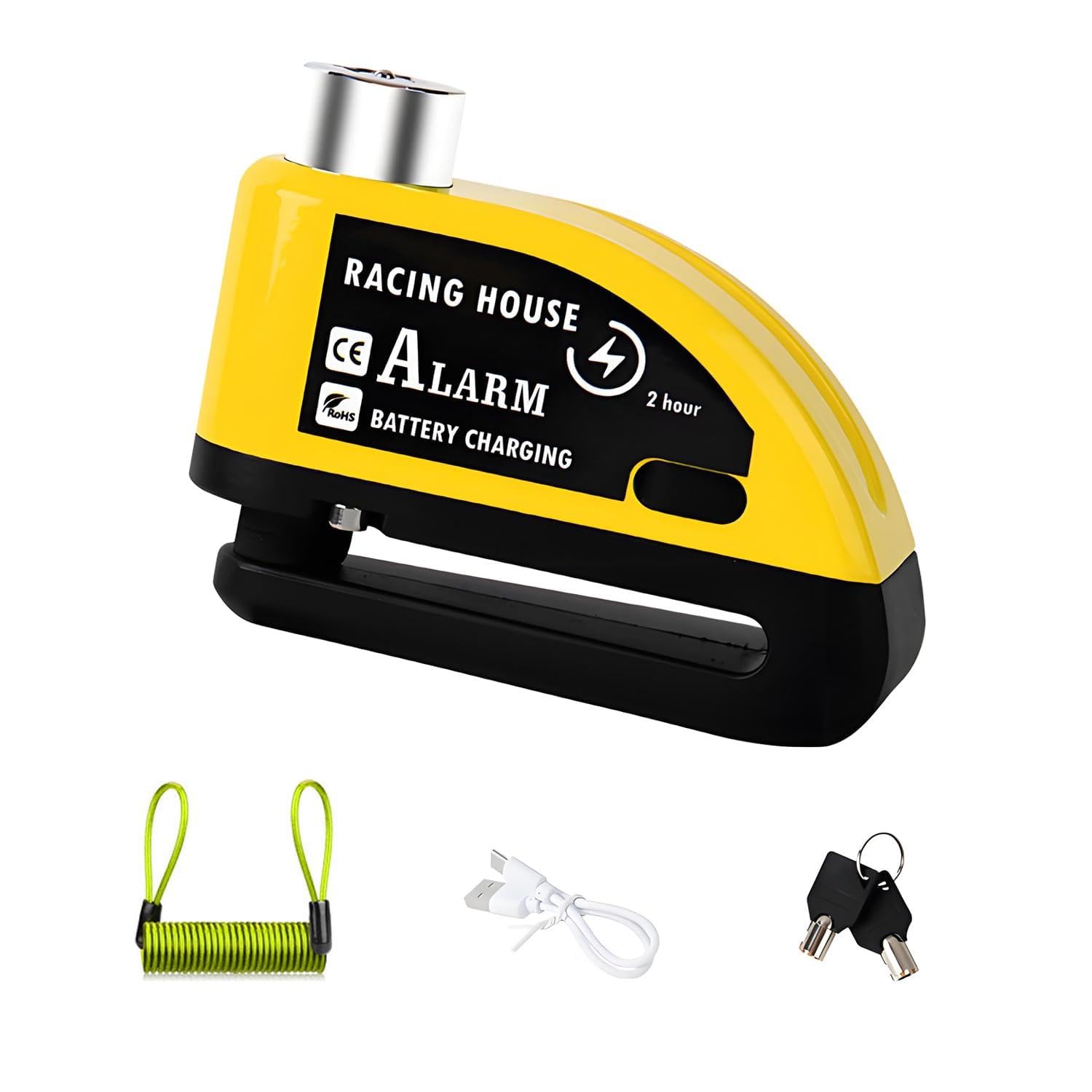 QUMOX Allarme Blocco Disco Freno Moto Antifurto Ricaricabile Impermeabile 110 dB Perno 7 mm Cavo promemoria 1,5 m per Moto, Bici, Scooter Custodia per il trasporto
