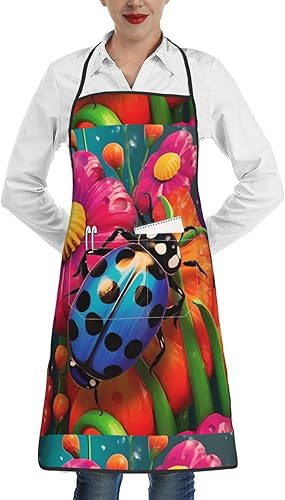 Unisex Apron With Pocket, Colorful Ladybird Chef Apron For Cooking, Bbq & Crafts, Spillproof Kitchen Protection Bib With Large Utility Pocket For