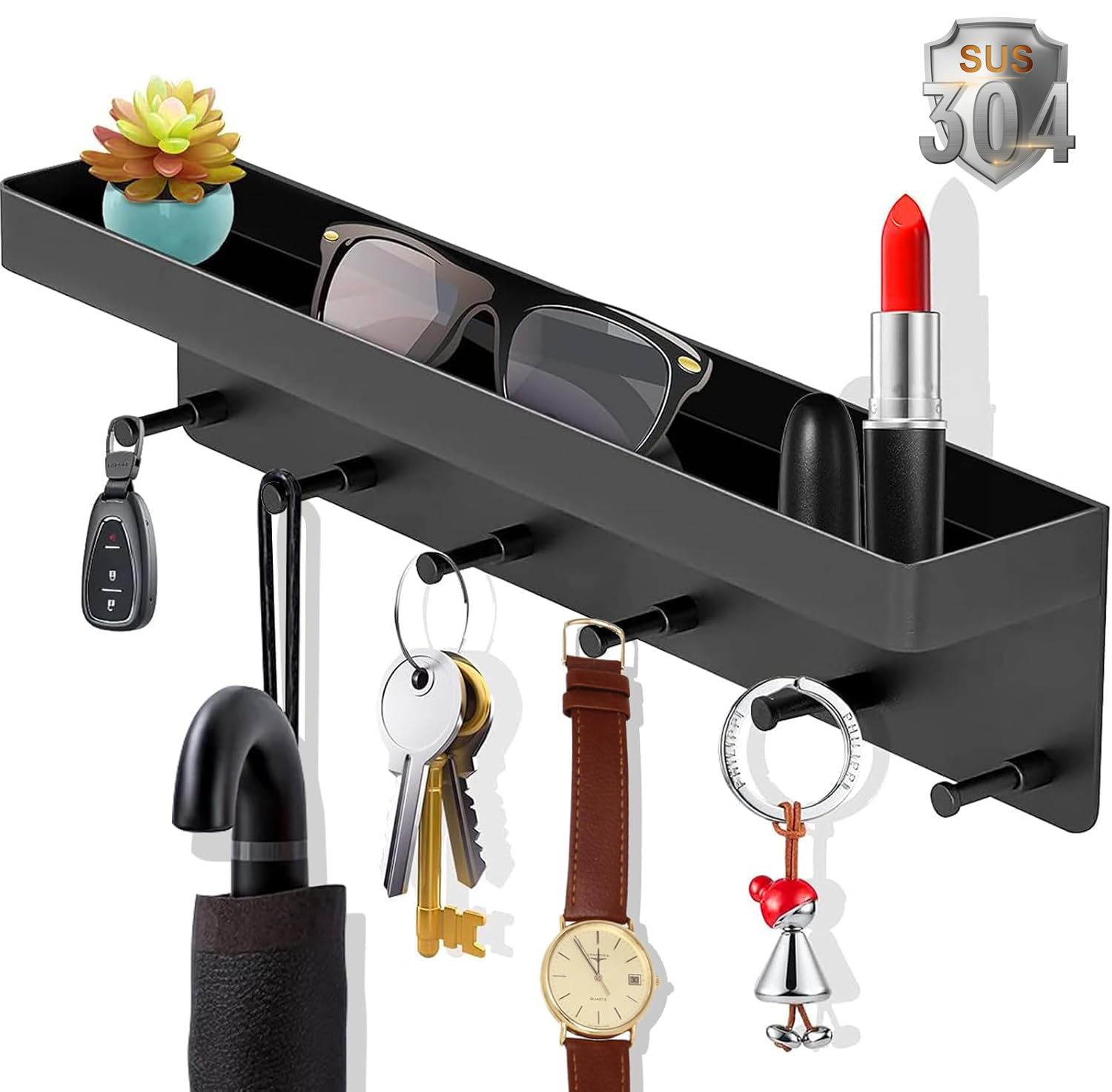 Colgador Llaves de Acero Inoxidable,Estante Pared con 6 Ganchos,Carga 22LBS