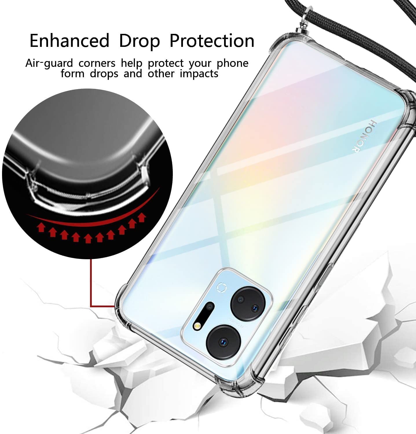 Cover Collana per Cellulare Compatibile con HONOR X7, Custodia Trasparente Silicone con Cordino Necklace Case Antiurto Protettivo Cover Custodia da Collo Custodia con Cordino, Nero