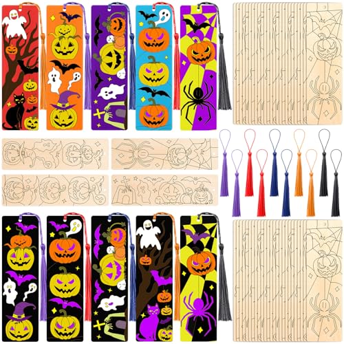 Marque-pages en bois Halloween à colorier avec pompons automne