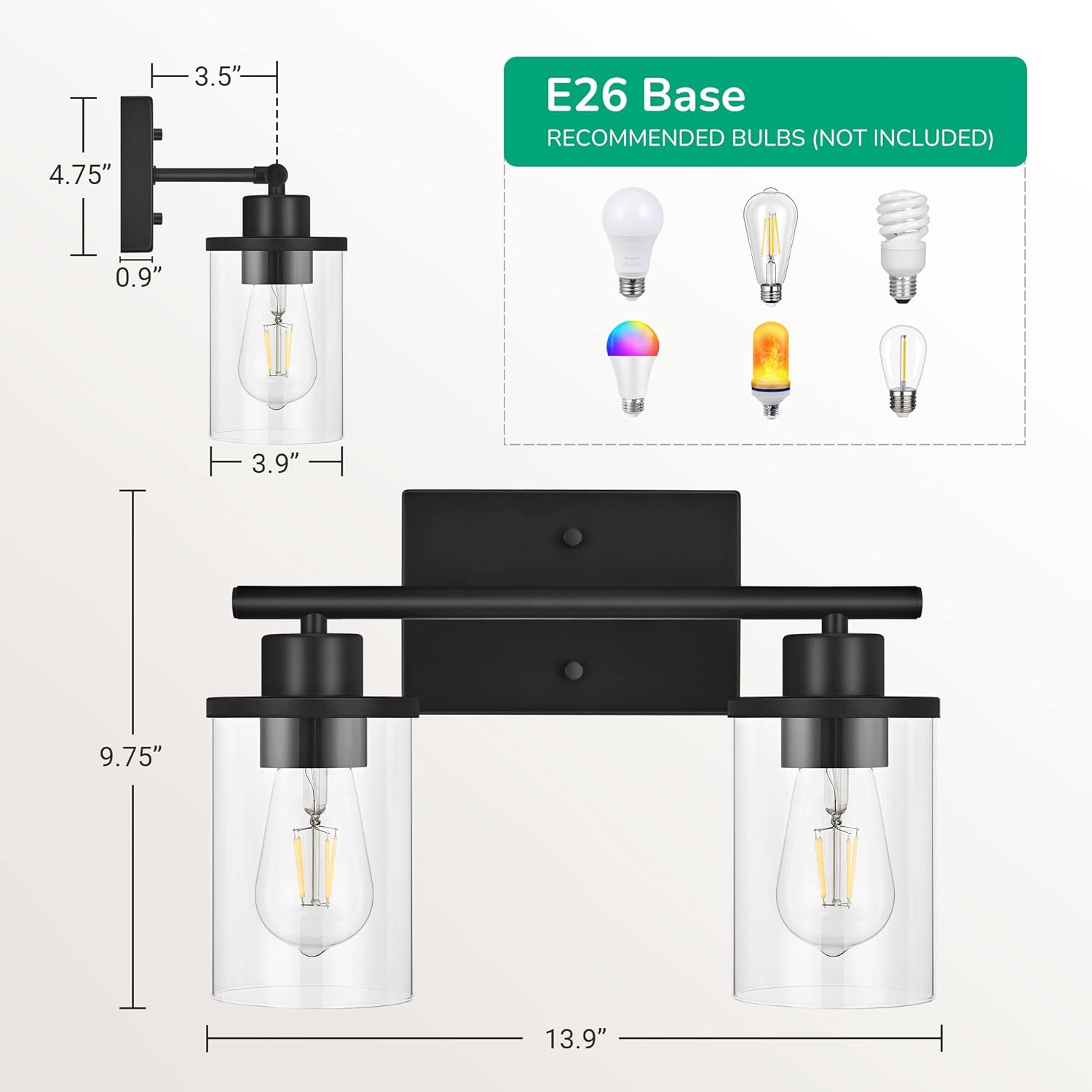 Modern Black 2-Light Bathroom Vanity Fixture with Clear Glass Shades