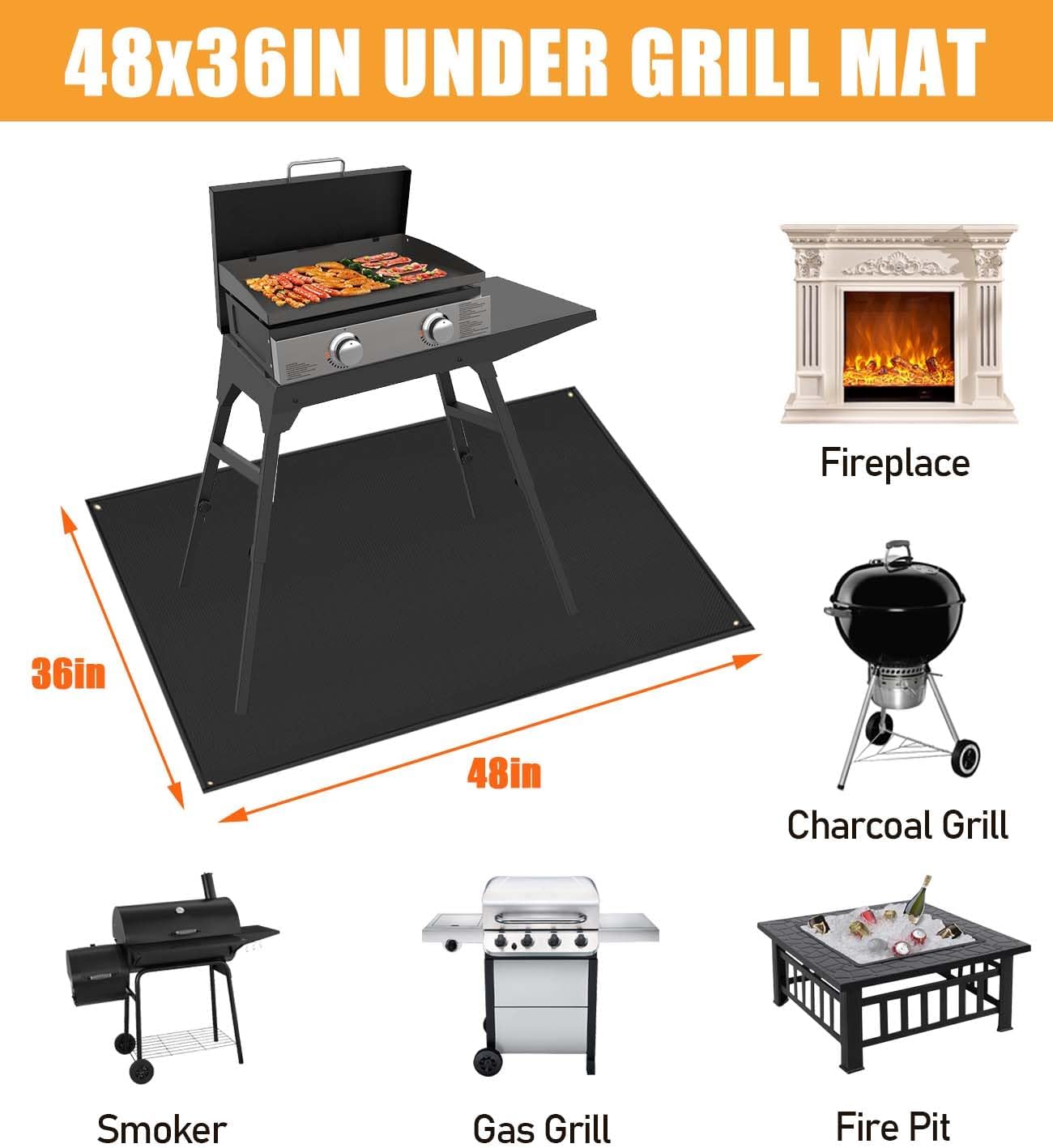 Grill Matt for Outdoor Grill Deck Protector Compatible with Blackstone Griddle Mat to Protect Deck and Patio, Fireproof Accessories Compatible with Blackstone Griddle, 48x36x0.04in, Black